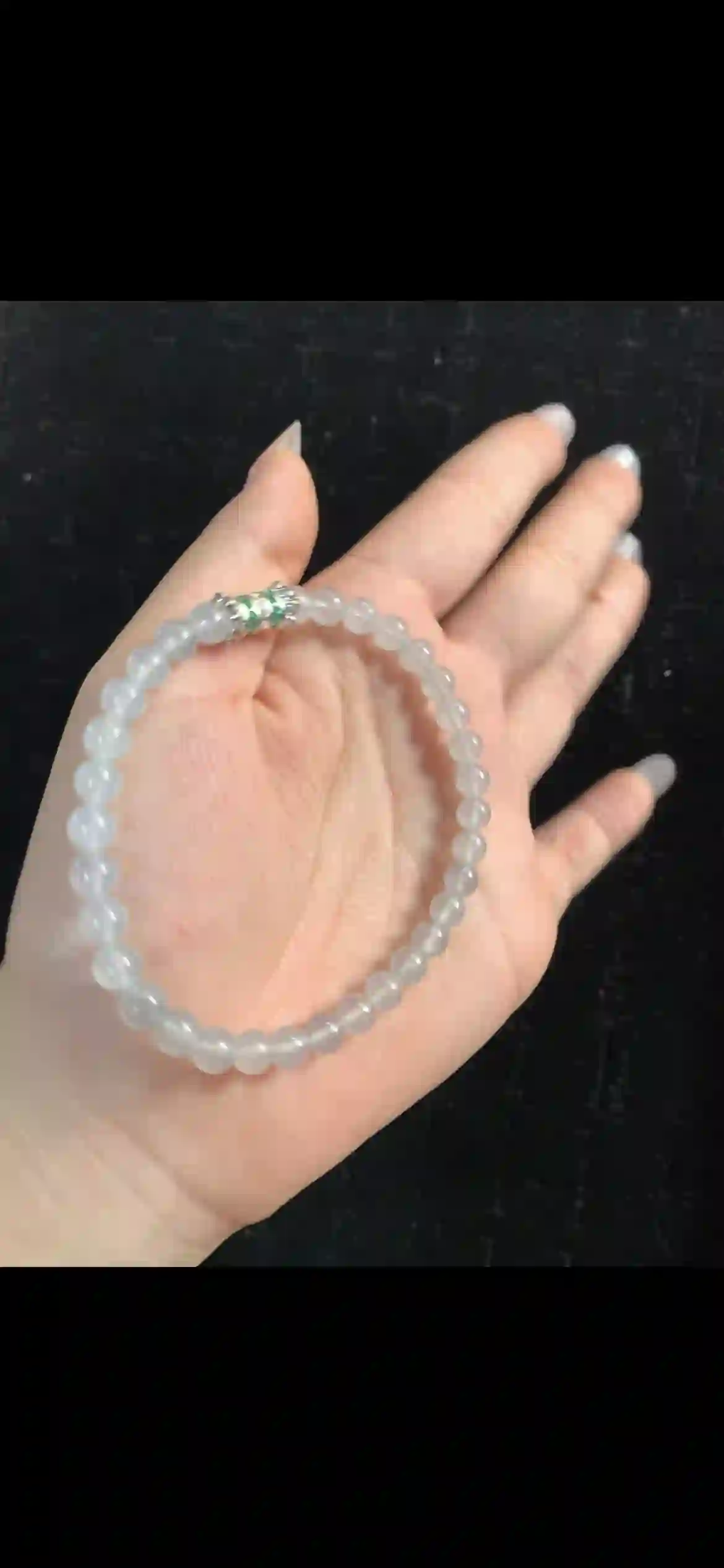 Icy Translucent White Jade Bead Bracelet with Emerald-Accented Clasp | Myanmar Jadeite reference #32580001