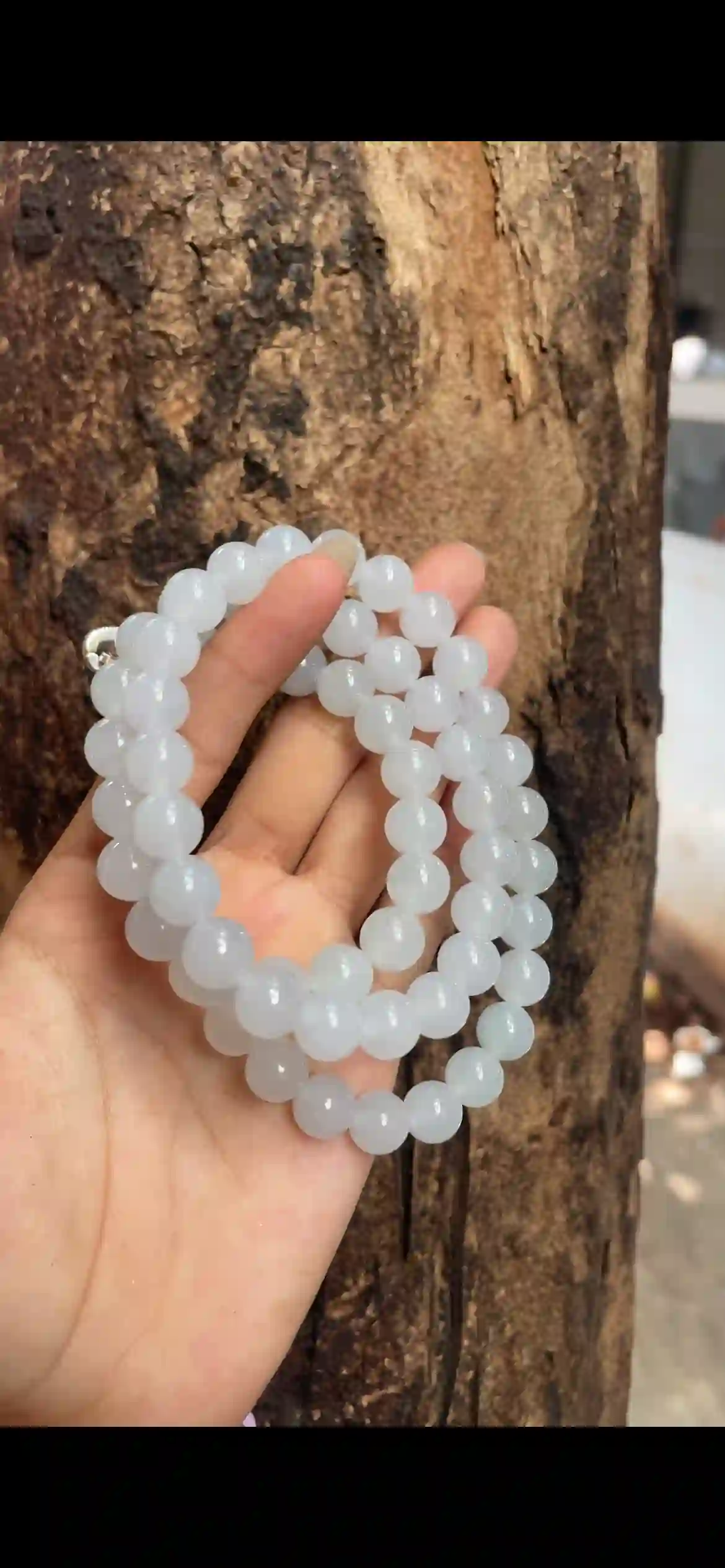 Icy White Translucent Jadeite Bead Necklace, view 2 | Myanmar Jadeite reference #8190001