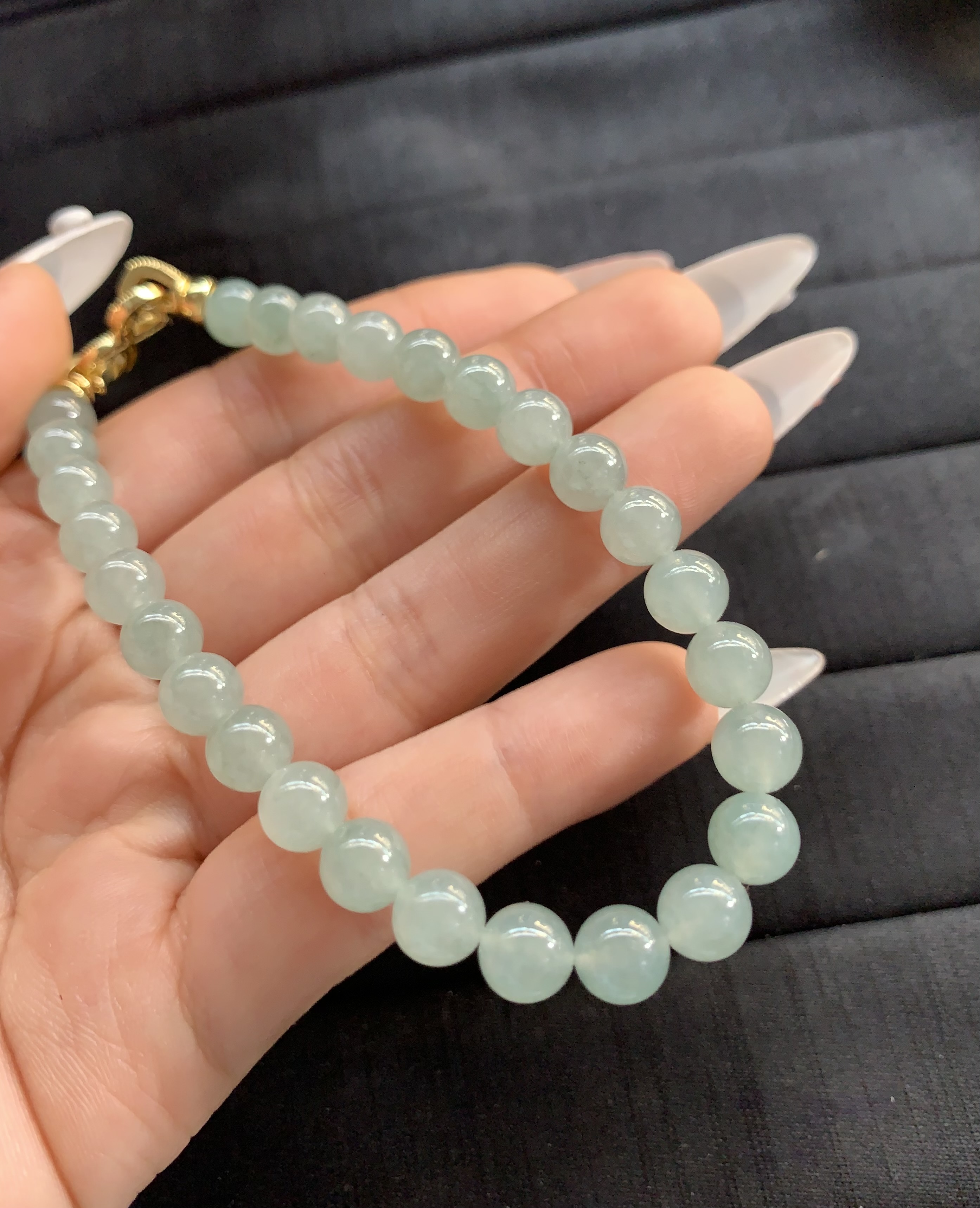  Light Green Jadeite Beaded Bracelet with Gold Clasp - Burmese Jadeite from Myanmar