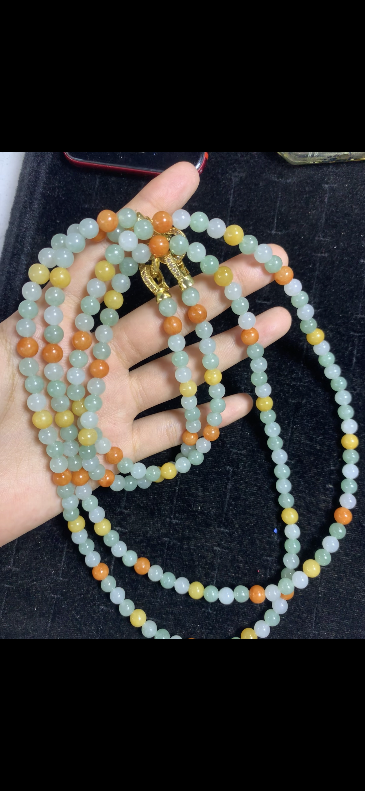 Vibrant Tri-Color Jade Multi-Strand Necklace — with Gold Pave Clasp