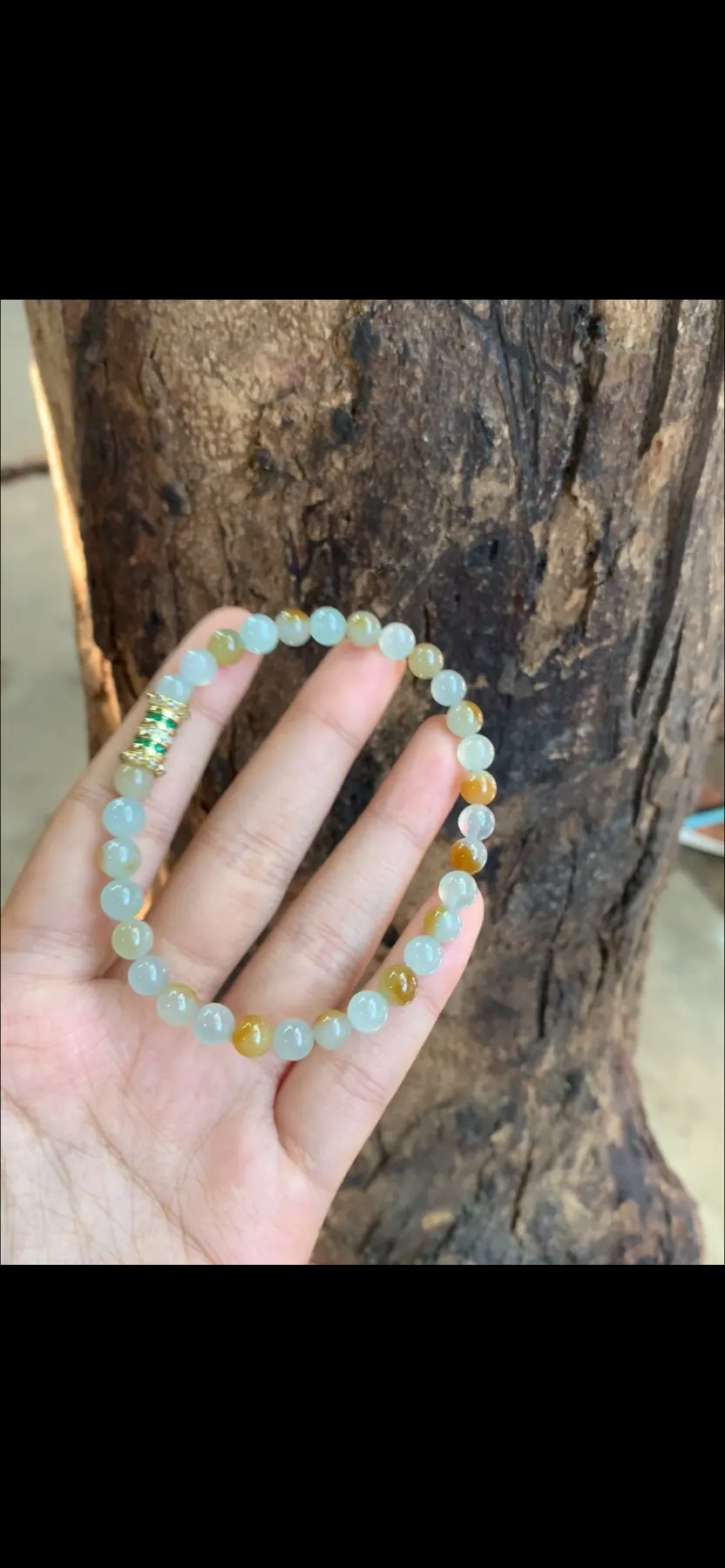 Natural High-Translucency Ice Variety Icy Teal & Honey Yellow Jadeite Bead Bracelet with Gold & Emerald-Green Spacer | Myanmar Jadeite reference #39510001