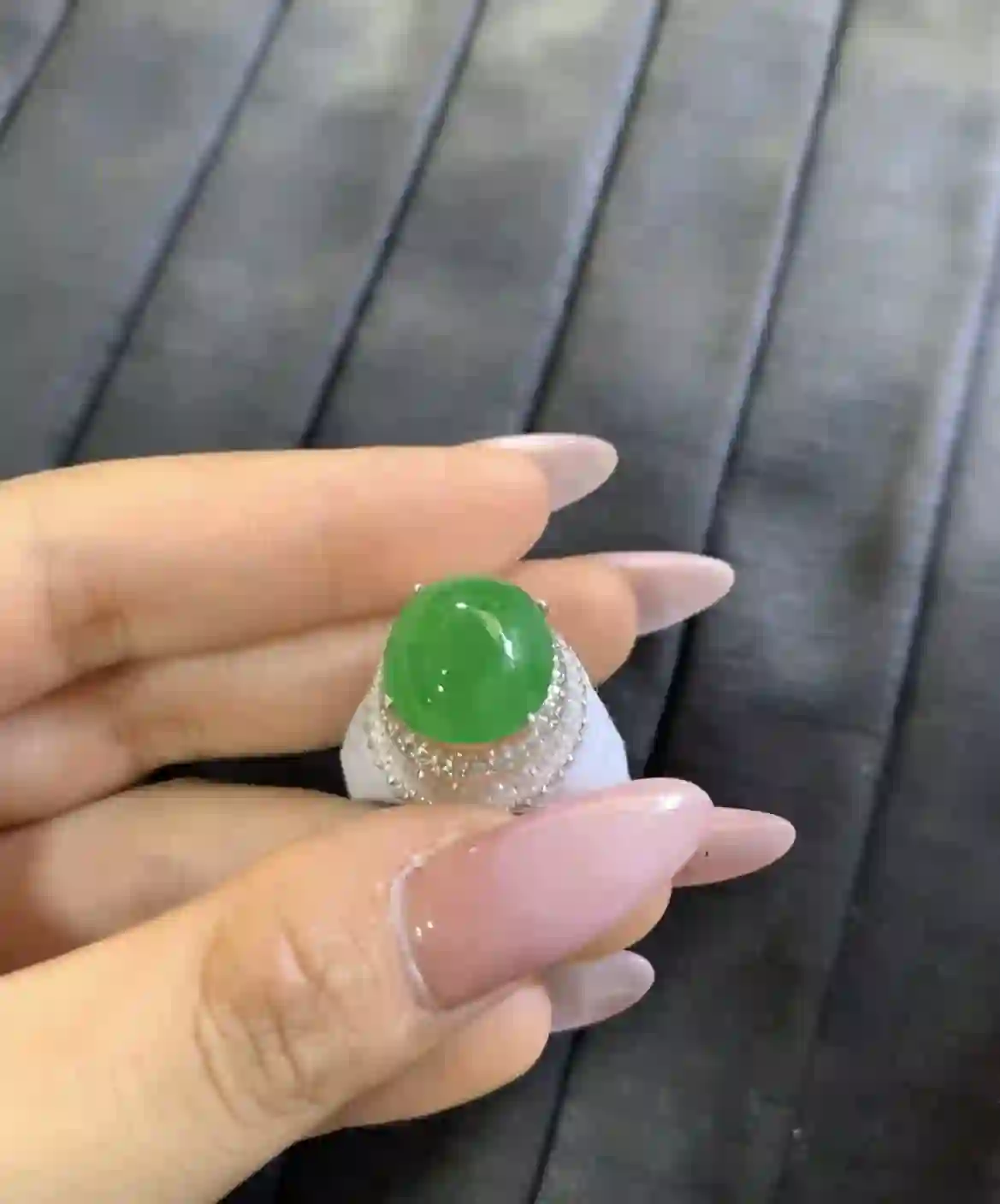  Vibrant Imperial Green Jadeite Cabochon Ring with Diamond Halo Setting, view 2 | Myanmar Jadeite reference #7110001