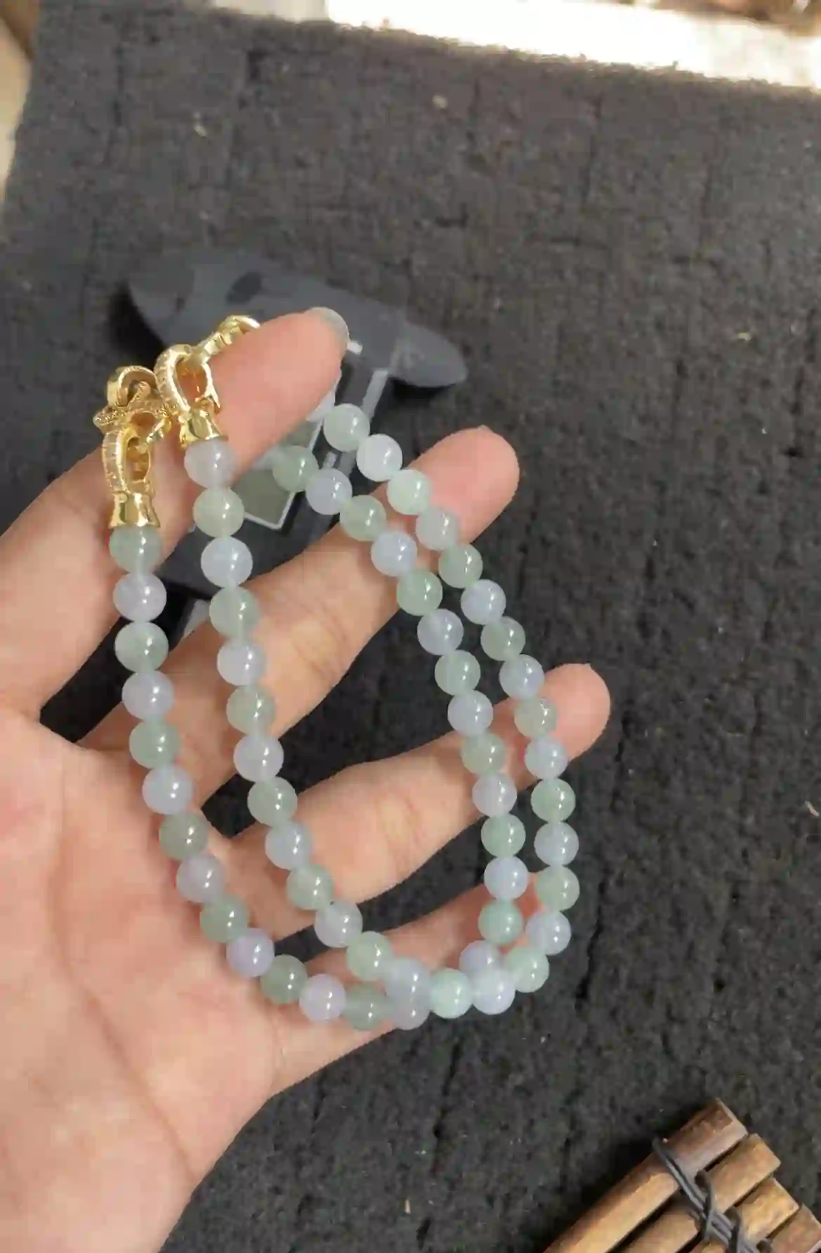  Icy Multi-Tone Jadeite Beaded Necklace with Gold Clasp, view 2 | Myanmar Jadeite reference #3090002