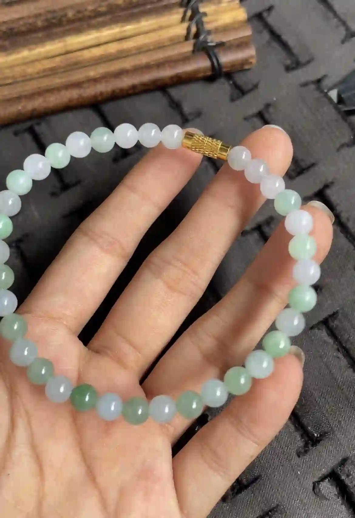 Natural Icy Green Jade Bead Bracelet with Gold Accent | Myanmar Jadeite reference #2520004