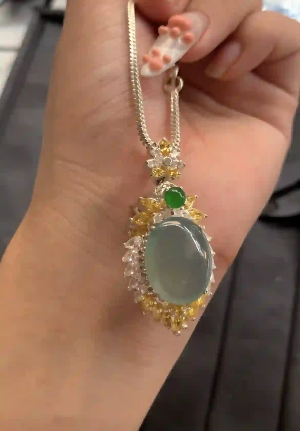 Icy Green Jadeite Pendant with Gemstone Accents, view 2 | Myanmar Jadeite reference #2190002