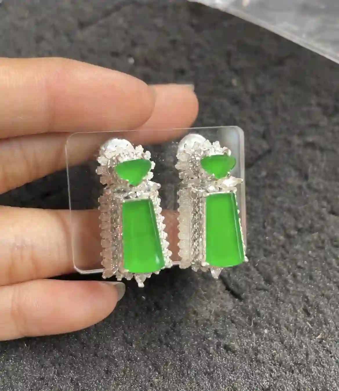   Natural Vivid Green Jade Drop Earrings with Diamond Accents | Myanmar Jadeite reference #2490010
