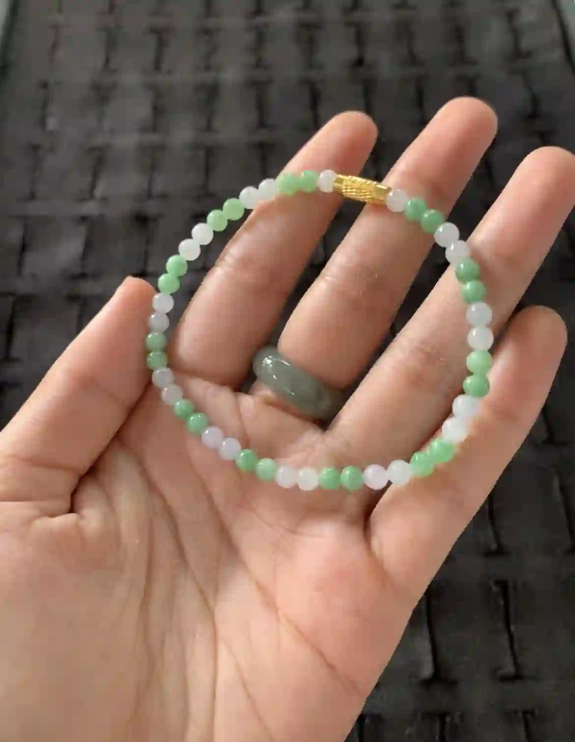 Delicate Green & White Jade Beaded Bracelet with Gold Clasp, view 2 | Myanmar Jadeite reference #27720001
