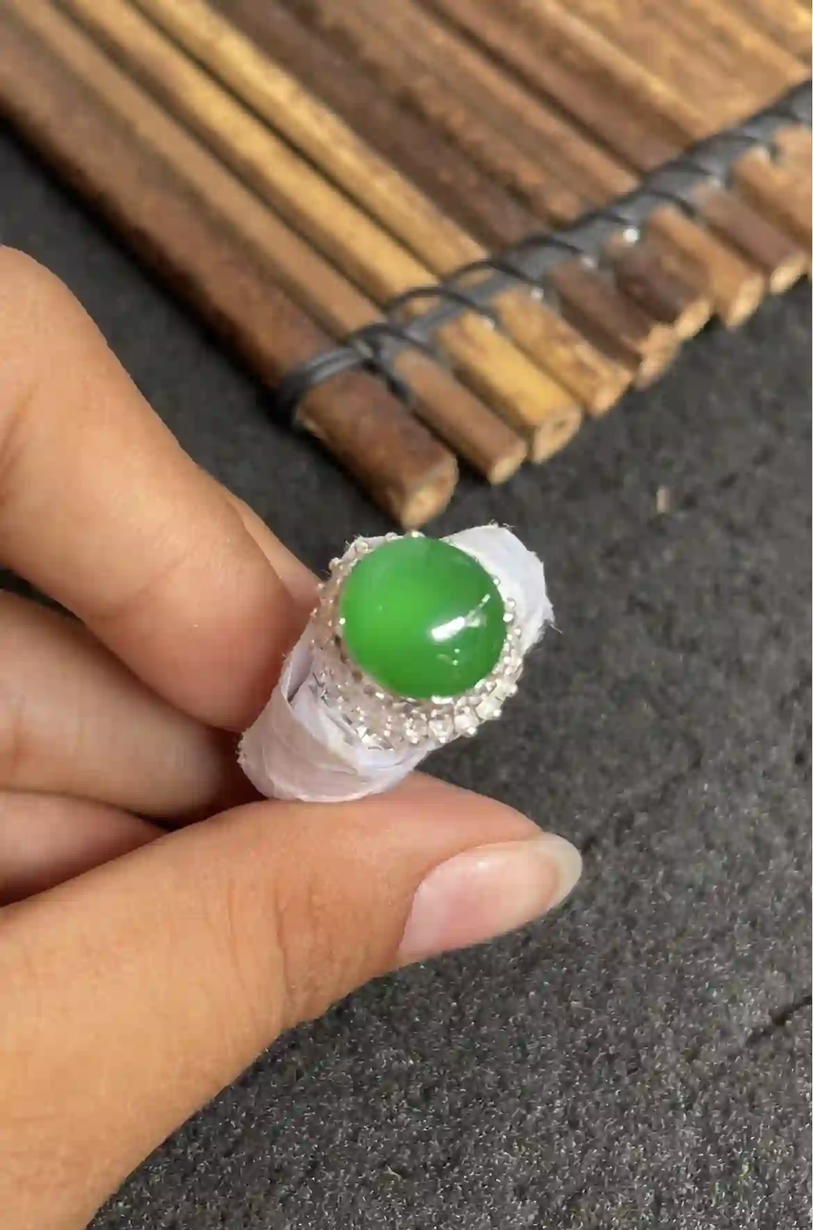 Vivid Green Jade Cabochon Ring, view 2 | Myanmar Jadeite reference #2280001