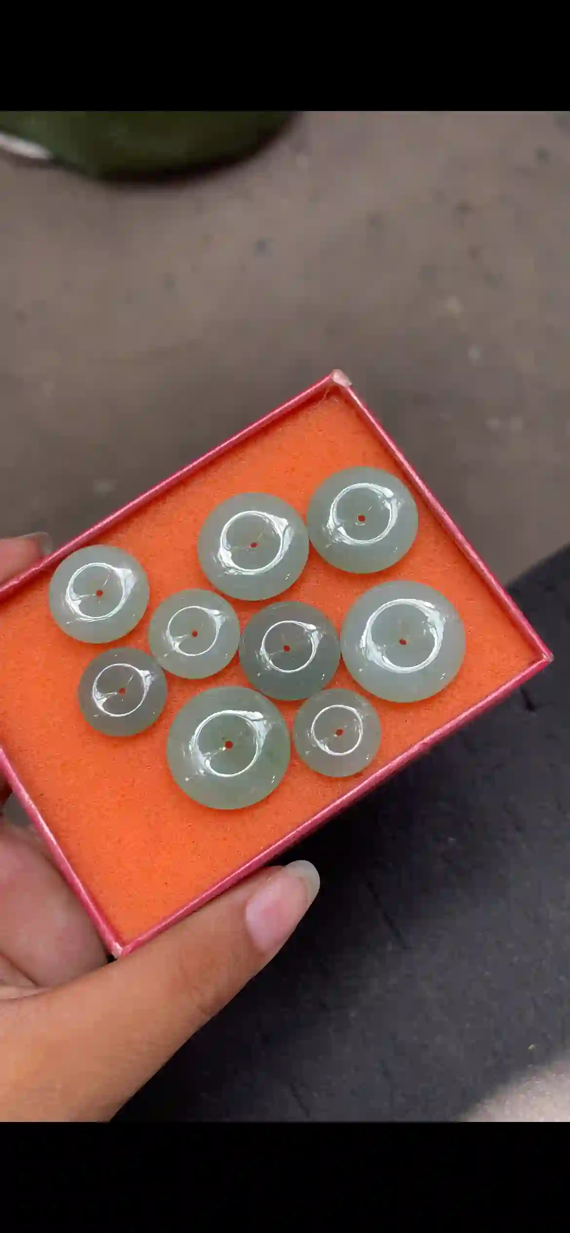  Icy Pale Green Jadeite Safety Coin Pendants Collection, view 2 | Myanmar Jadeite reference #4650004