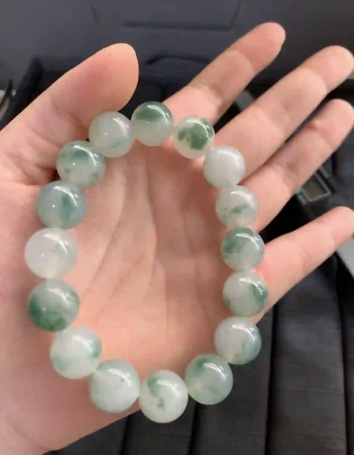 Natural Icy White Jade Bracelet with Green Floating Flowers, view 2 | Myanmar Jadeite reference #2610005