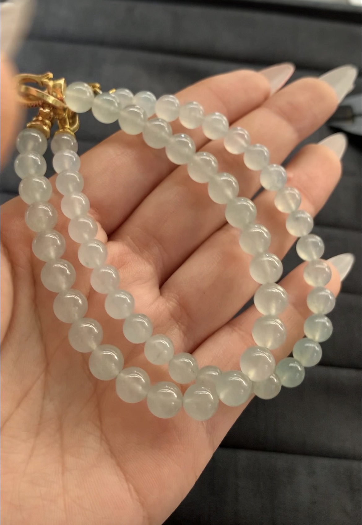 Double-Strand Light Grayish-Green Translucent Beaded Necklace with Gold Clasp