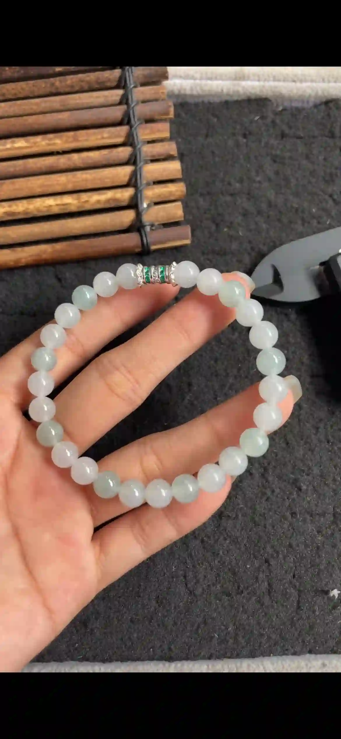 Icy Pale Blue-Green Jade Bead Bracelet with Silver & Emerald Accent Spacer, view 2 | Myanmar Jadeite reference #5670001