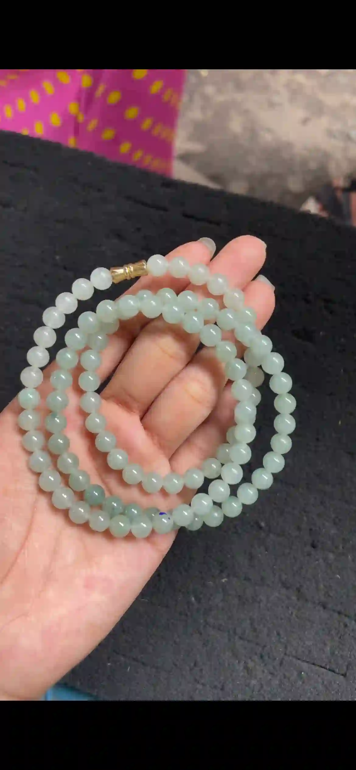 Icy Soft Green Translucent Jadeite Beaded Necklace with Gold Clasp | Myanmar Jadeite reference #4500001