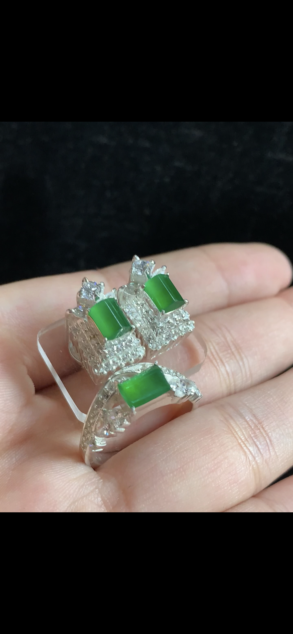 Vivid Green Jade Rectangular Cabochon & Diamond Jewelry Set — 2 Studs + 1 Ring