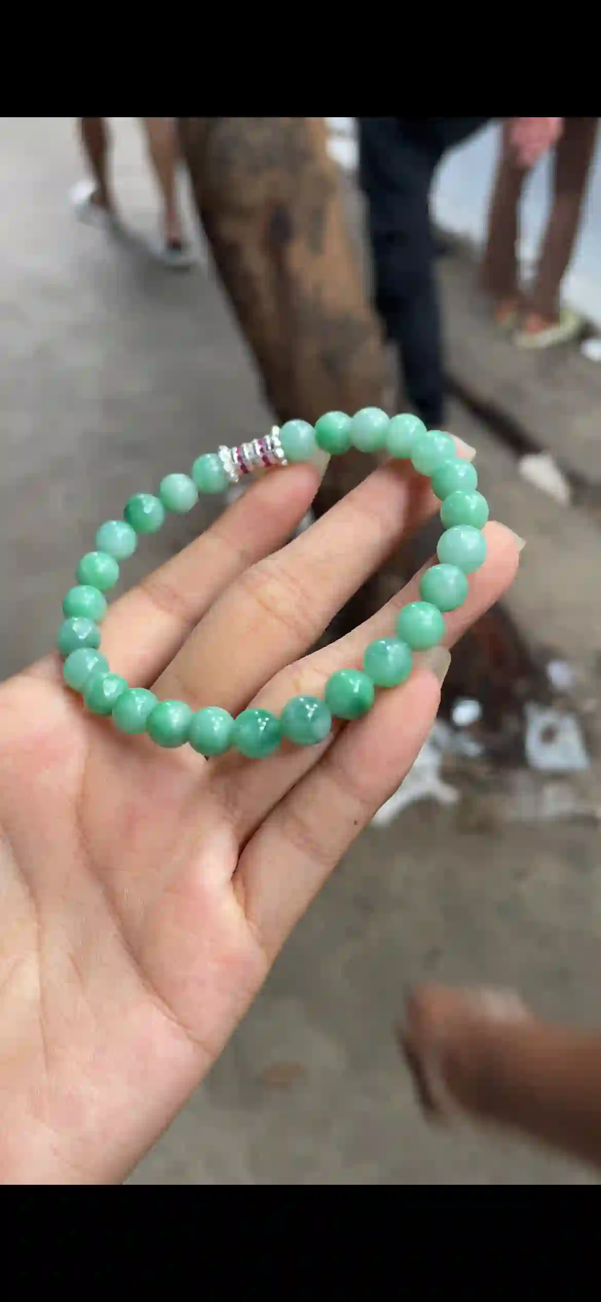 Natural Green Jadeite Beaded Bracelet with Silver Accent, view 2 | Myanmar Jadeite reference #8340001