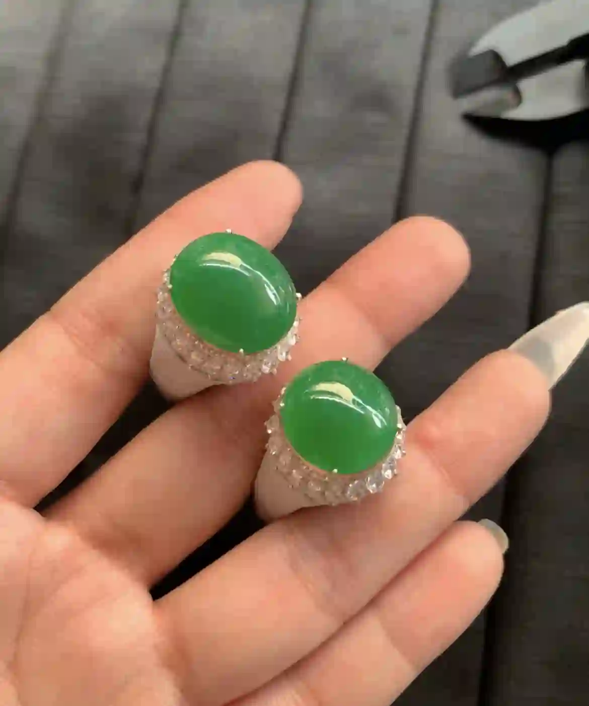 Vibrant Green Jadeite Cabochon Rings, view 2 | Myanmar Jadeite reference #2190003