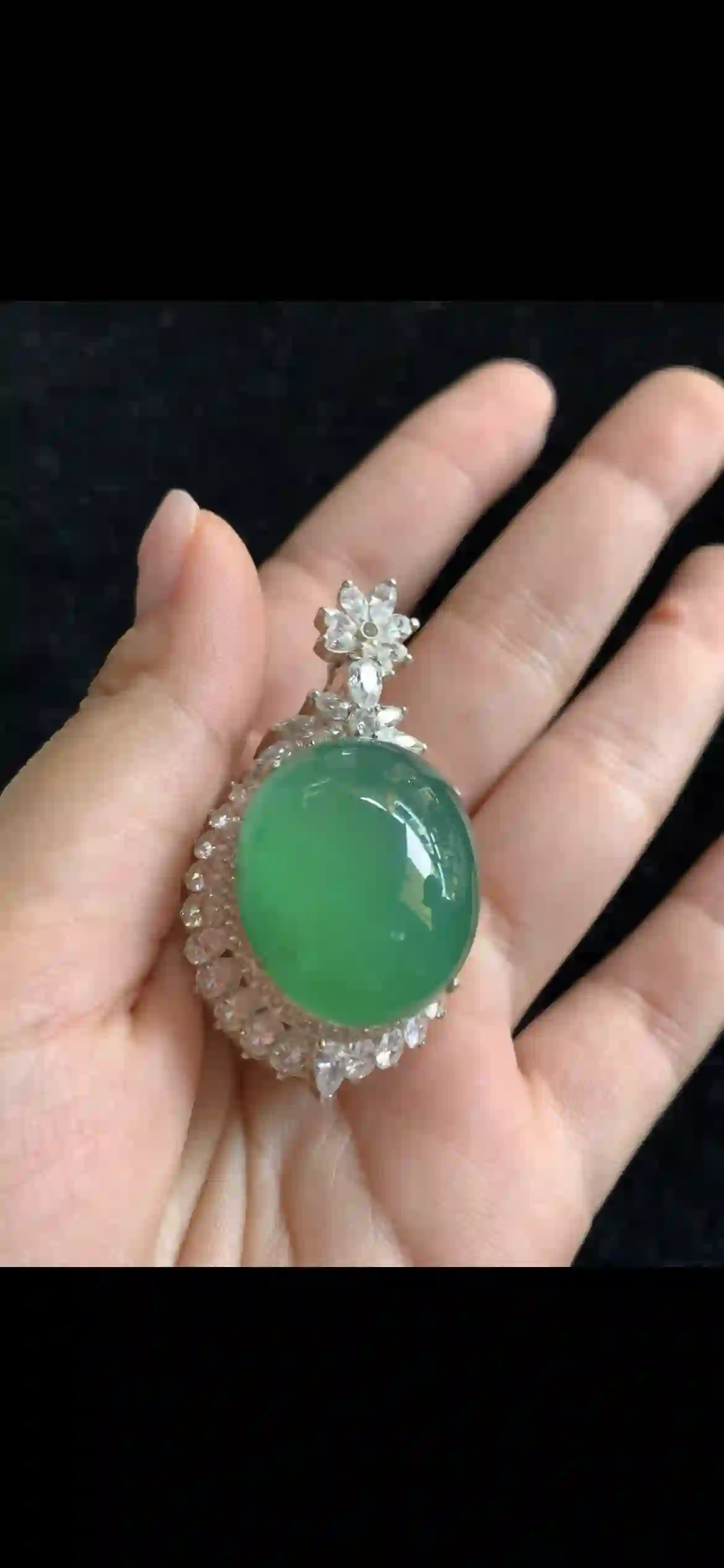 Magnificent Oval Cabochon Green Jade Pendant — Diamond Floral Halo & Accent, view 2 | Myanmar Jadeite reference #34050001