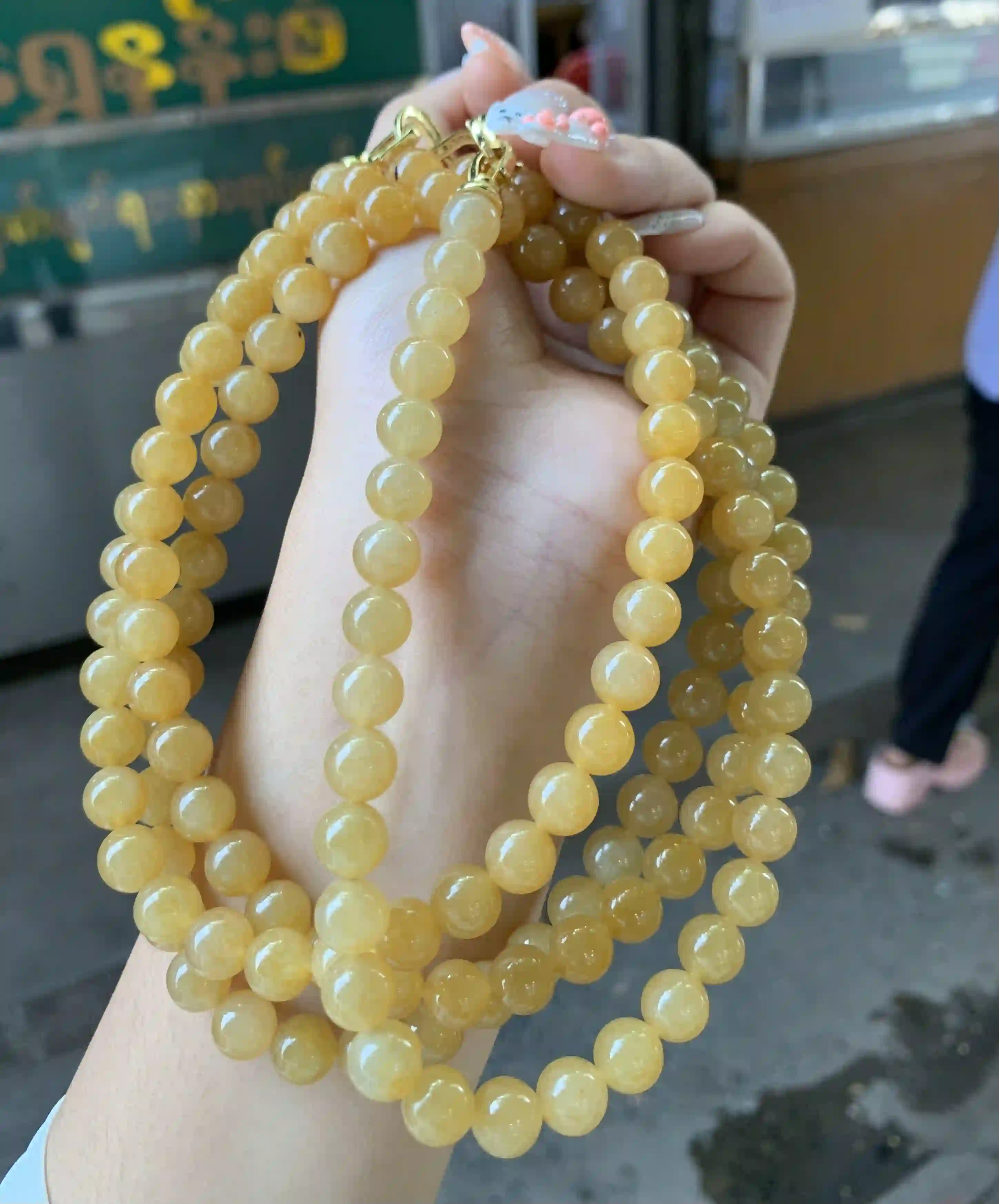 Golden Jadeite Beaded Multi-strand Necklace with Gold Clasp | Myanmar Jadeite reference #840002