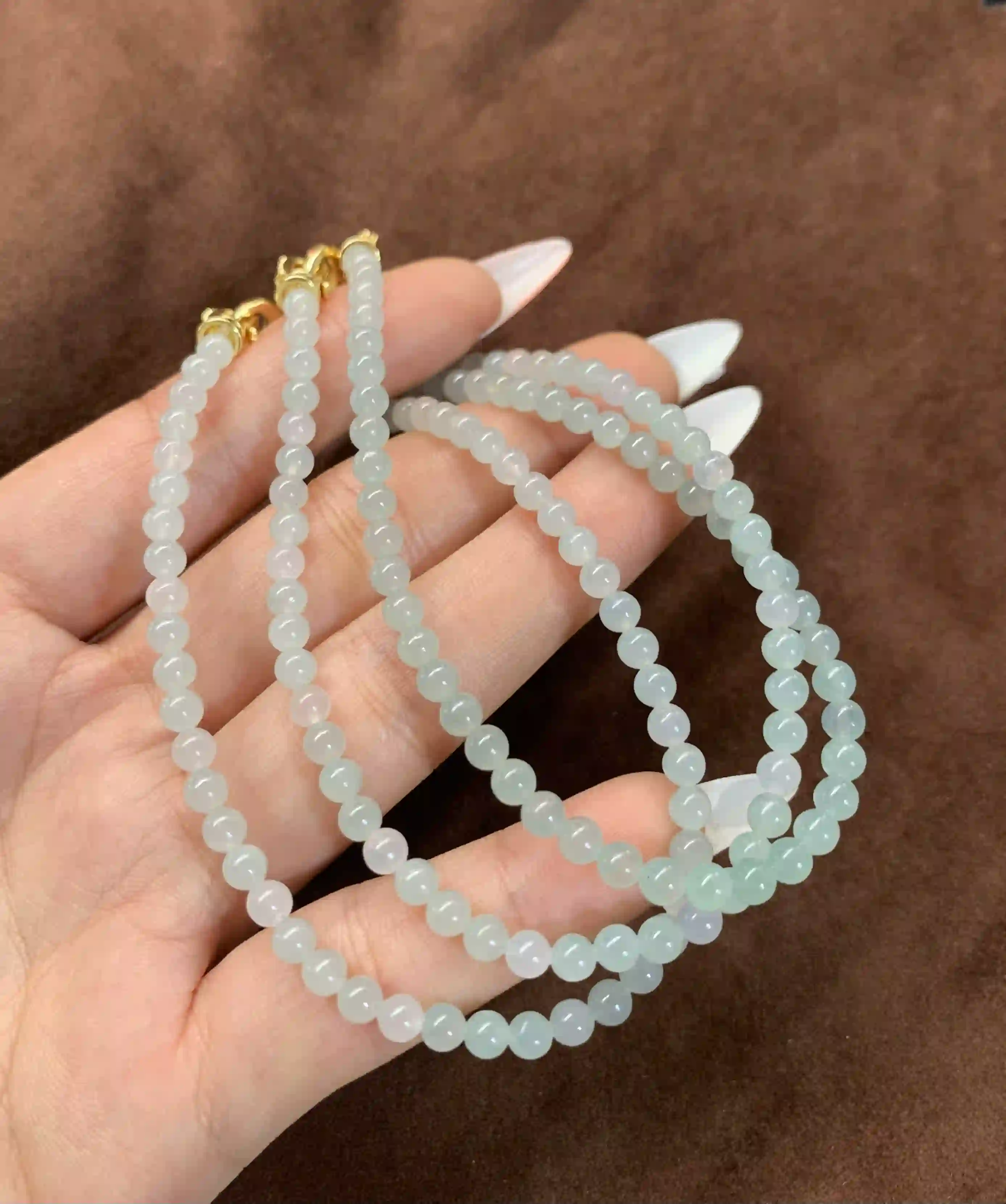 Light Green Jade Bead Necklace with Gold-Toned Clasp, view 2 | Myanmar Jadeite reference #720002