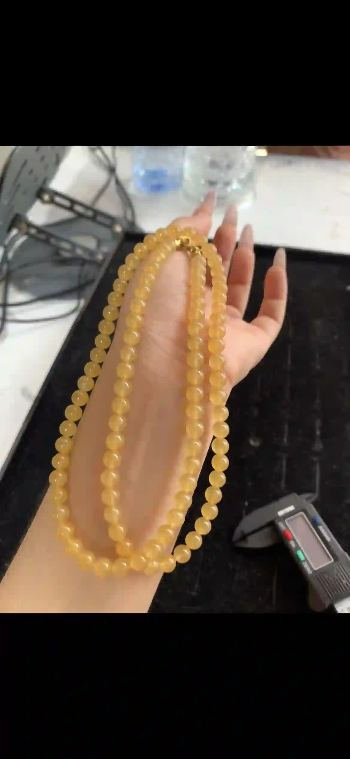 Warm Honey Yellow Jade Beaded Necklace with Gold Clasp, Full Round Bead Strand | Myanmar Jadeite reference #28500001