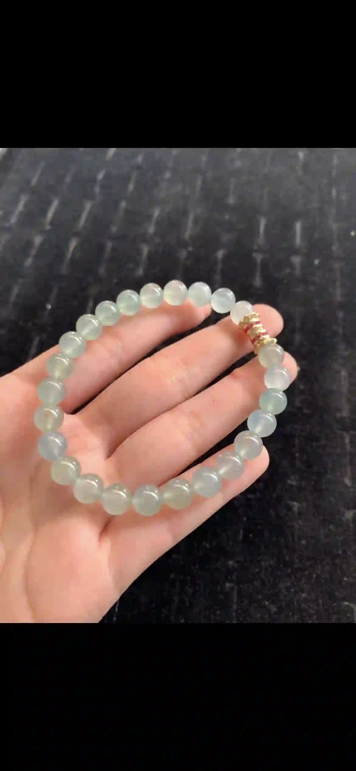Highly Translucent Icy Pale Green Jade Bead Bracelet with Gemstone Spacer, view 2 | Myanmar Jadeite reference #19140001