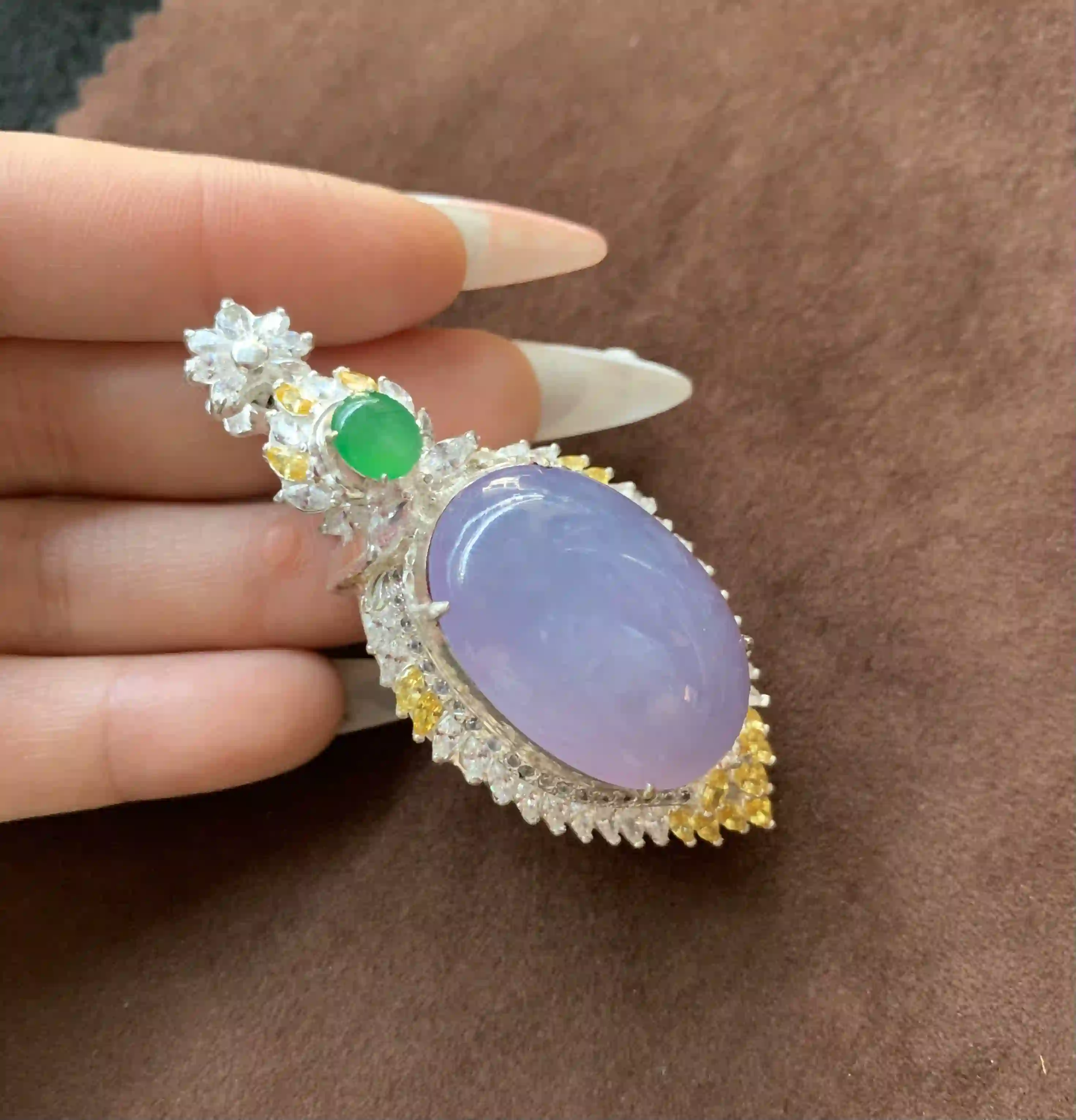 Lavender Jadeite Pendant with Green Accent and Crystals | Myanmar Jadeite reference #900005