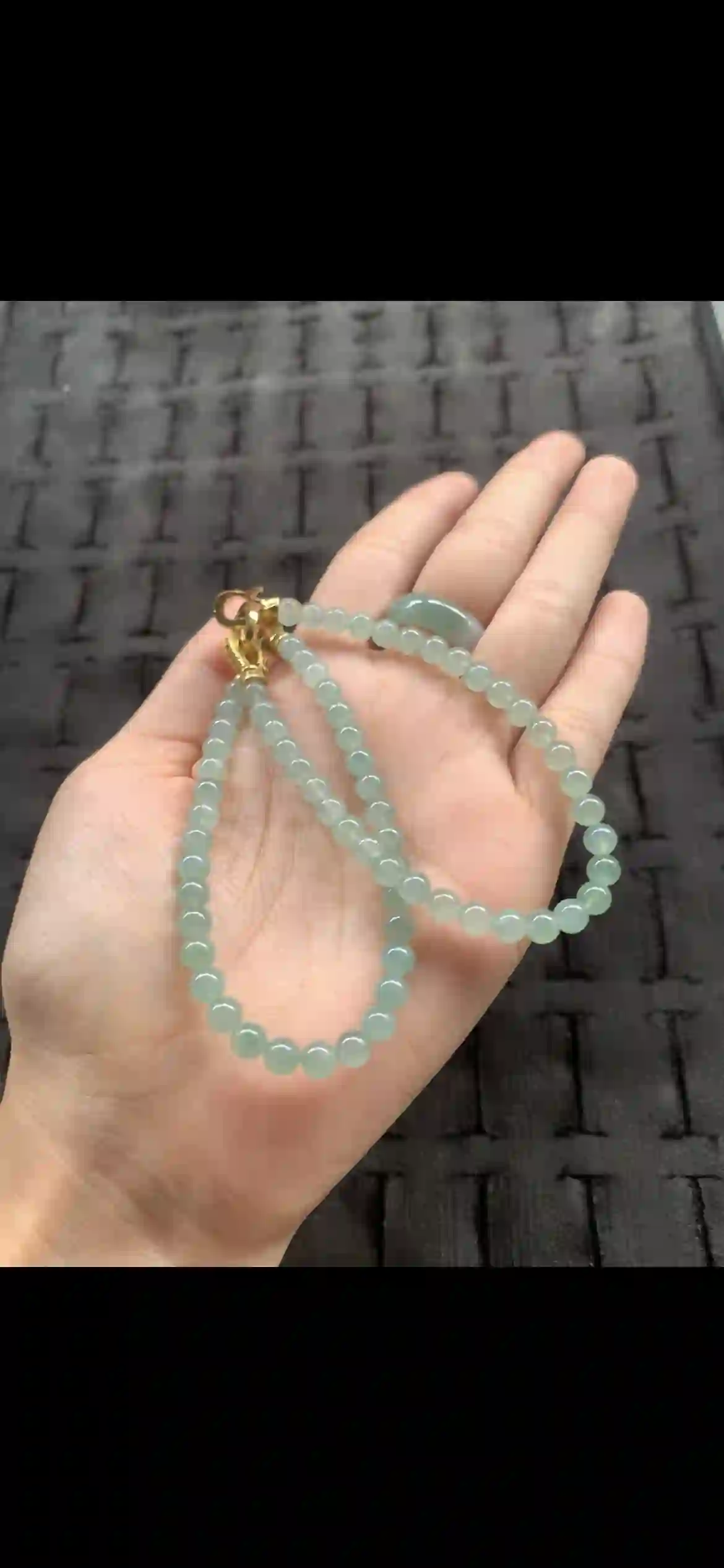 Delicate Pale Green Jade Bead Strand with Gold Clasp & Focal Bead, view 2 | Myanmar Jadeite reference #25680001