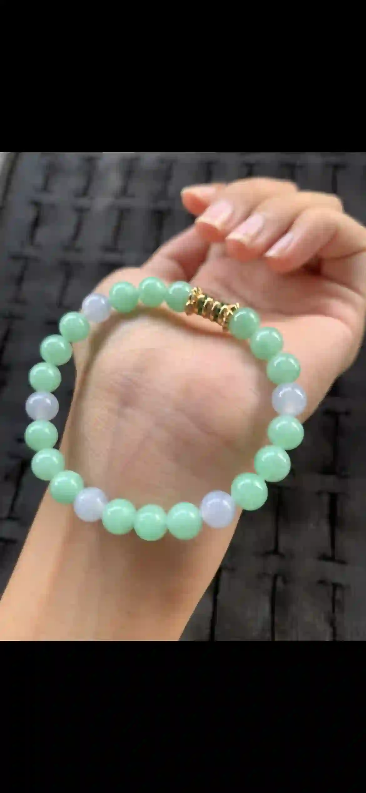Fresh Mint Green & Icy White Jade Beaded Bracelet with Gold & Green Gem Accent, view 2 | Myanmar Jadeite reference #23430002