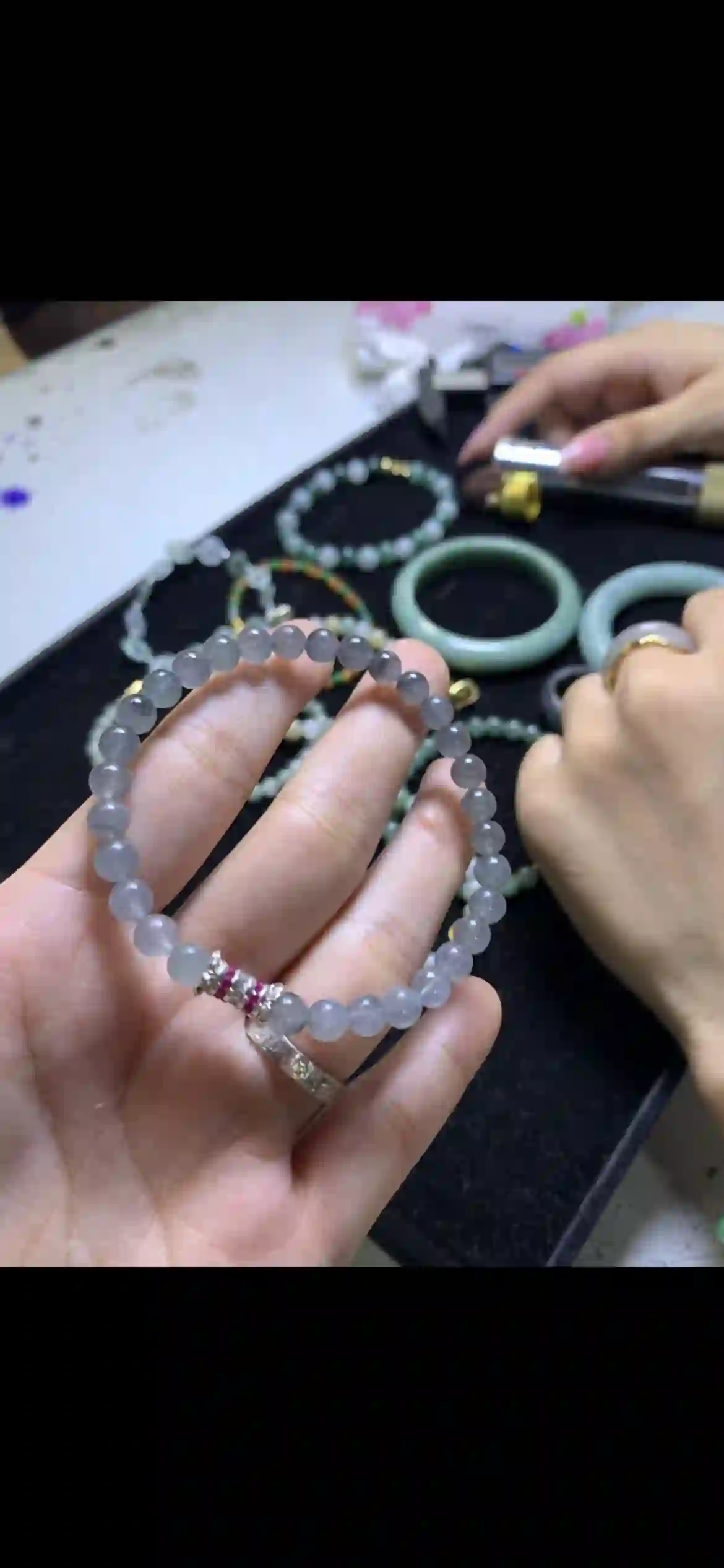 Smoky Grey Icy Jade Bead Bracelet with Crystal & Ruby Accent Spacers, view 2 | Myanmar Jadeite reference #21150001
