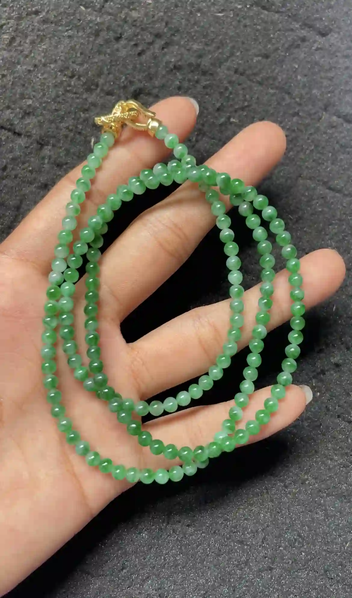 Delicate Green Jade Bead Necklace with Gold Clasp, view 2 | Myanmar Jadeite reference #2640003