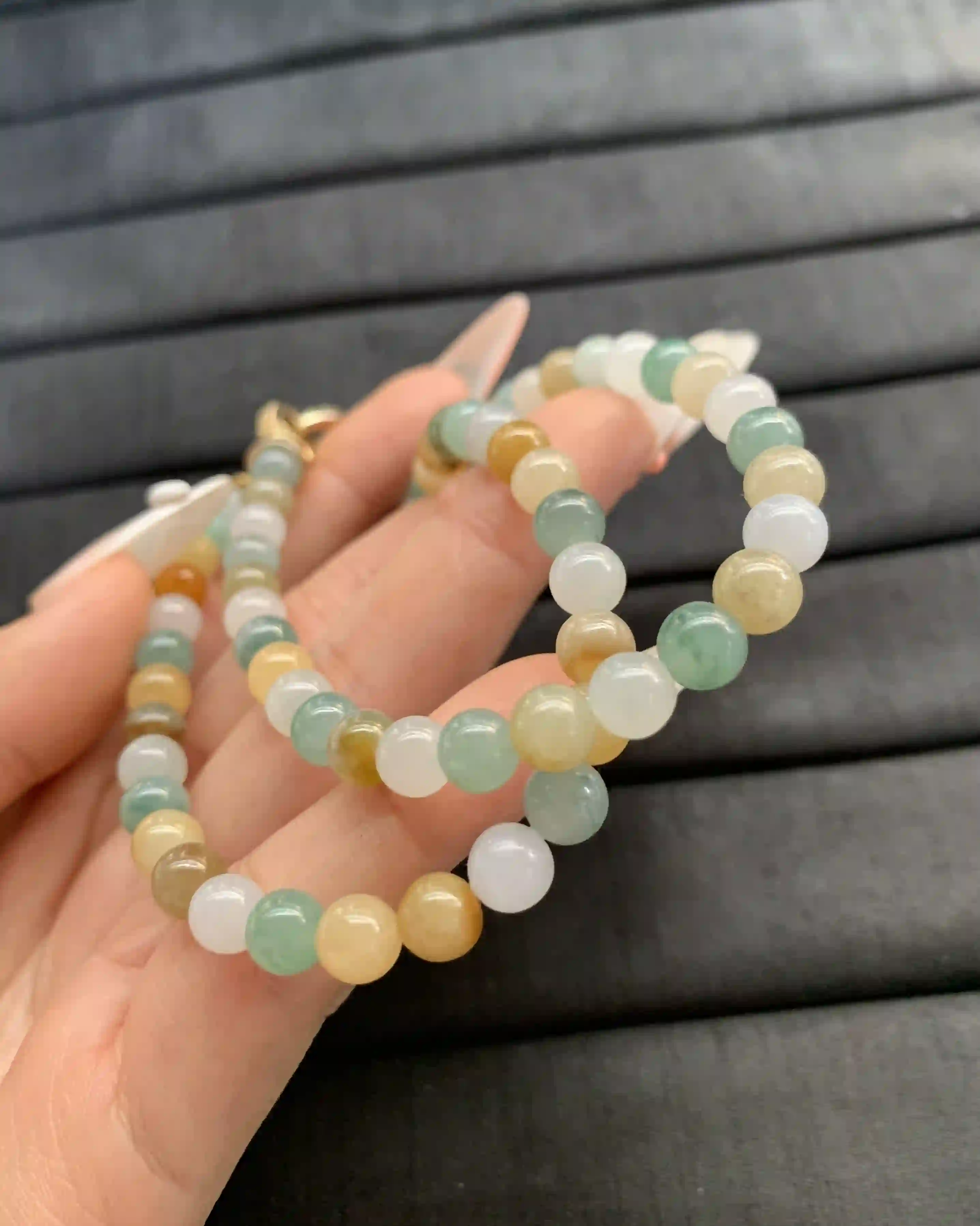 Colorful Multi-Hued Jade Bead Strand with Gold-Toned Clasp | Myanmar Jadeite reference #1380004