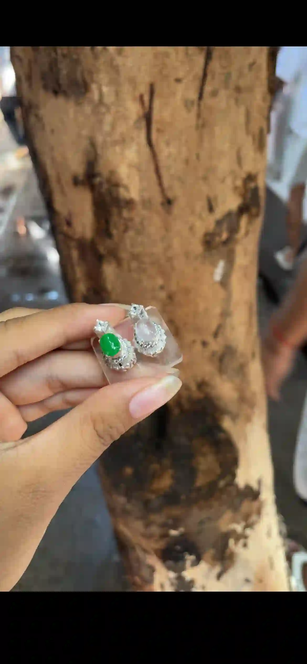 Two-Tone Jade Stud Earrings — Vivid Green & Icy White Cabochons, view 2 | Myanmar Jadeite reference #27360001