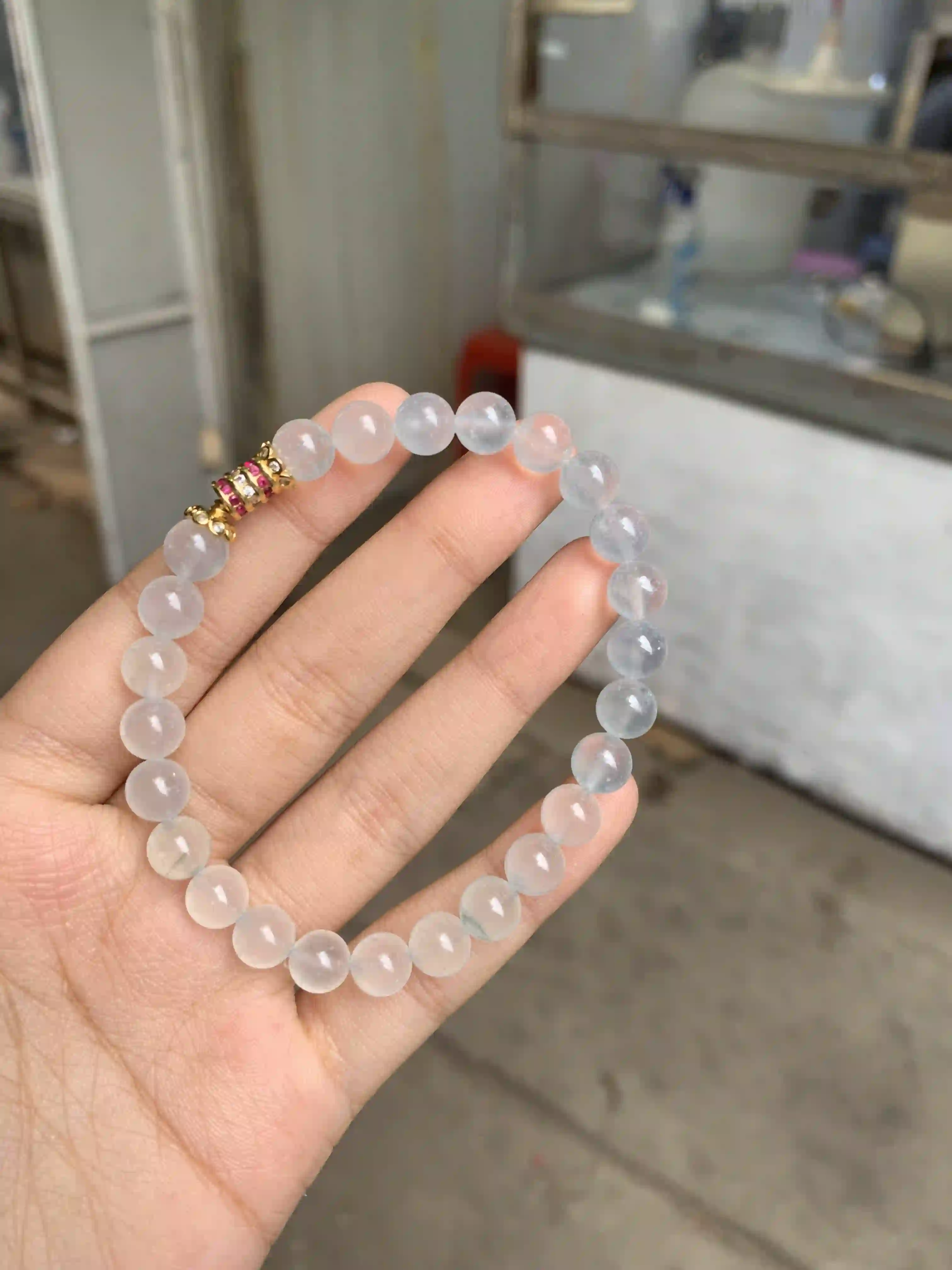 Translucent Clear Jade Bead Bracelet with Decorative Gold-tone Accent, view 2 | Myanmar Jadeite reference #600002