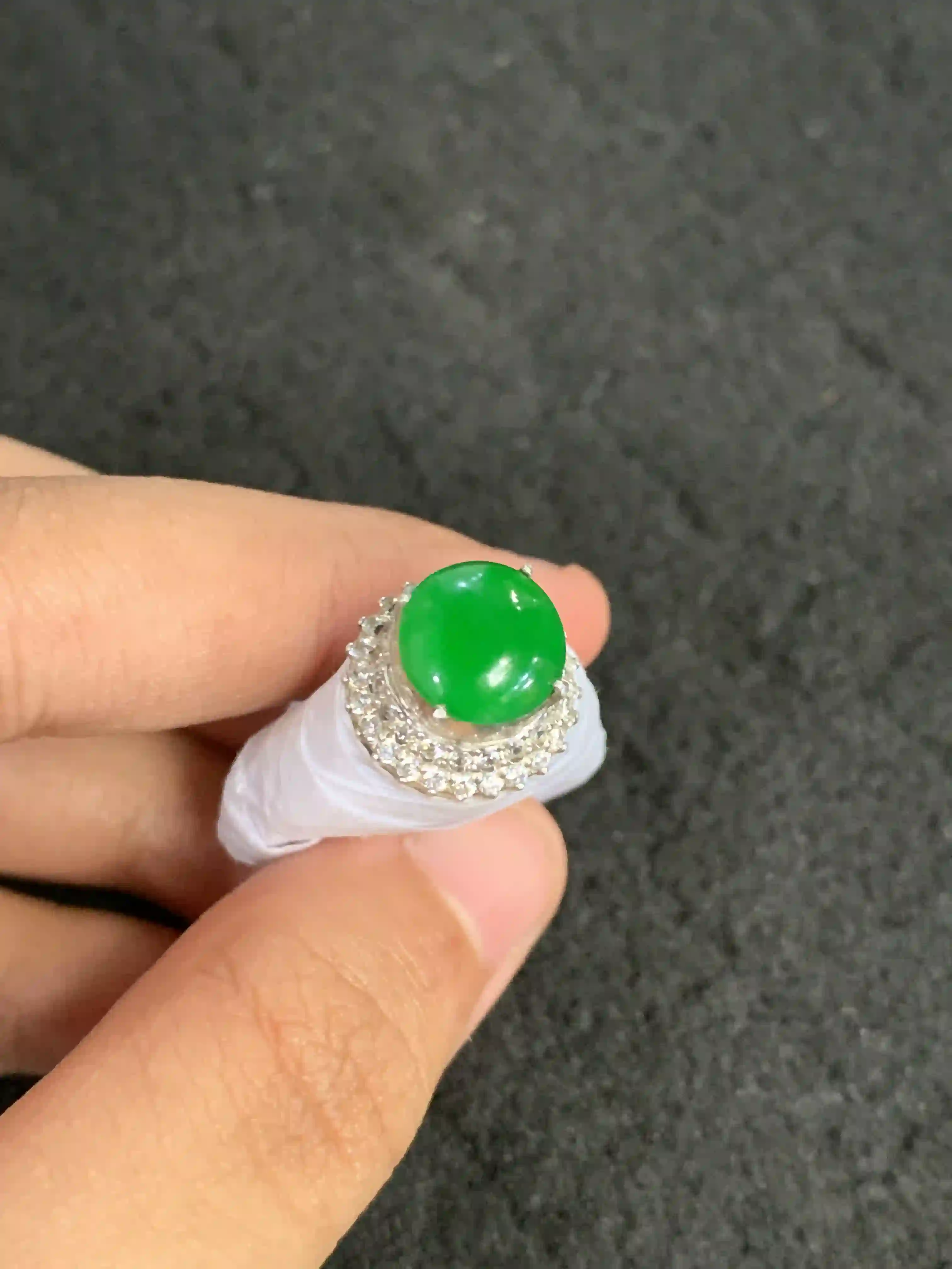  Natural Imperial Green Jade Ring with Diamond Halo | Myanmar Jadeite reference #1830006