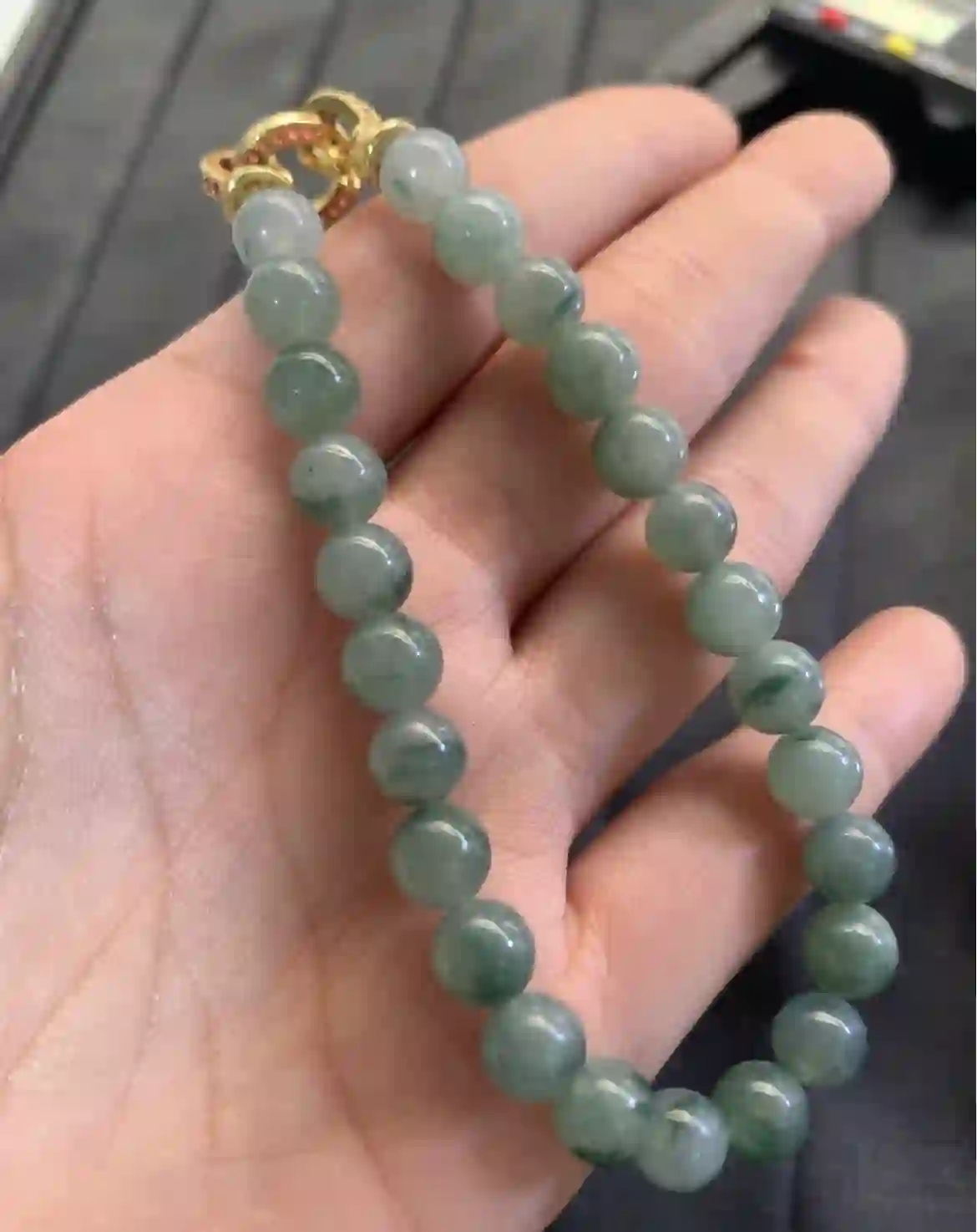 Natural Green Mottled Jade Beaded Bracelet, view 2 | Myanmar Jadeite reference #2370008