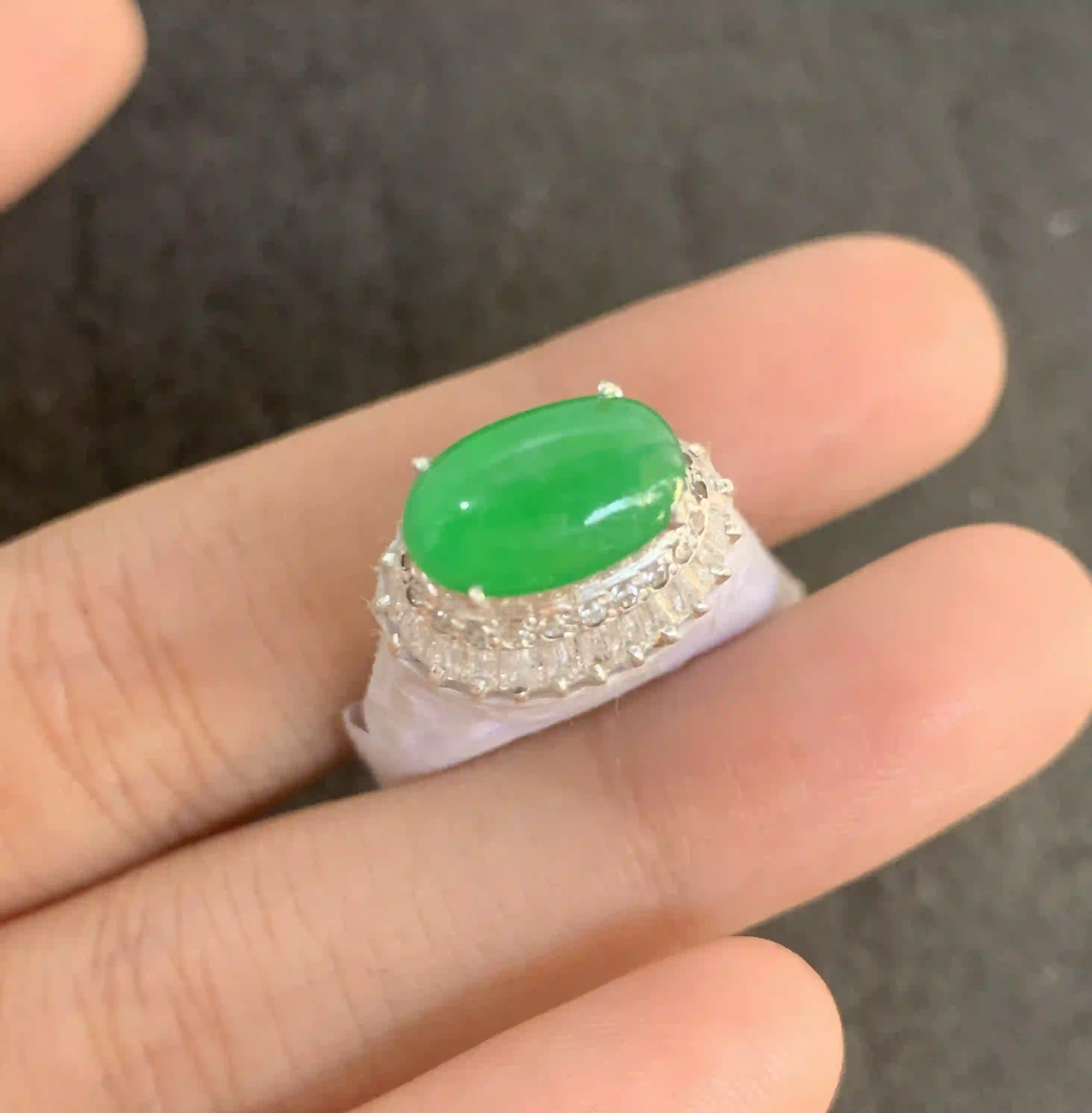 Vivid Green Oval Gemstone Ring with Crystal Halo, view 2 | Myanmar Jadeite reference #480001