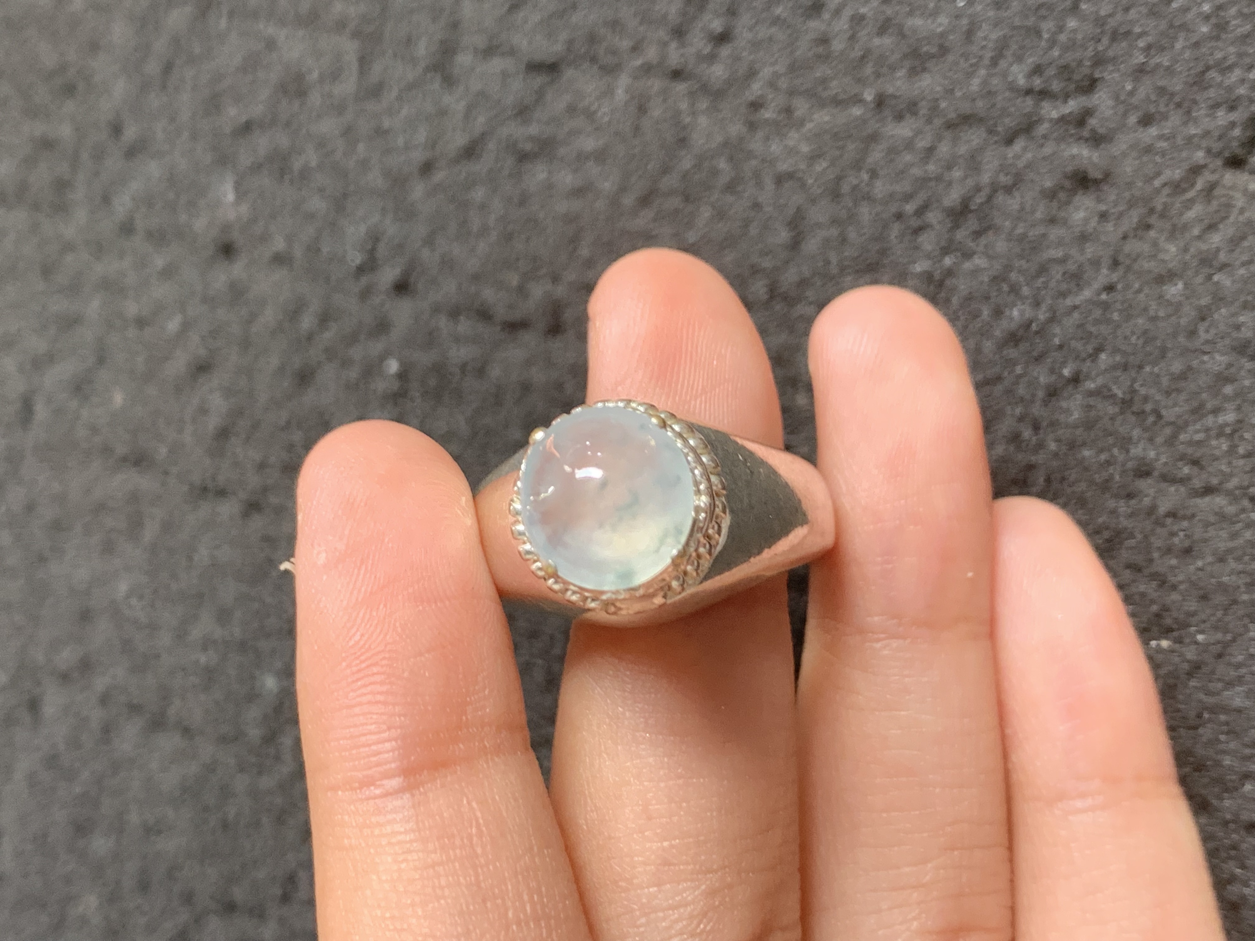 Translucent Jadeite Cabochon Ring with Textured Metal Band - Burmese Jadeite from Myanmar