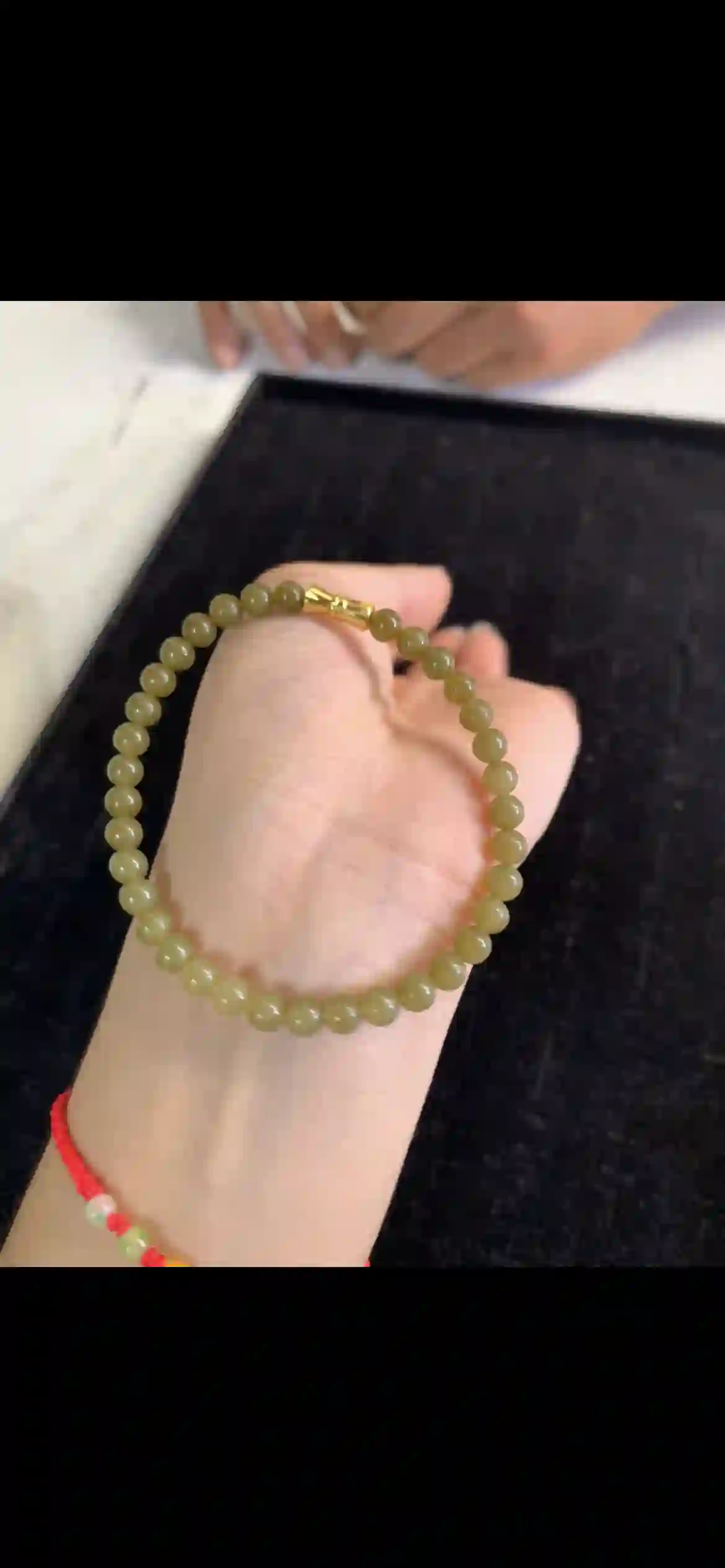 Warm Olive Green Jade Bead Bracelet with Gold Clasp, view 2 | Myanmar Jadeite reference #21990002