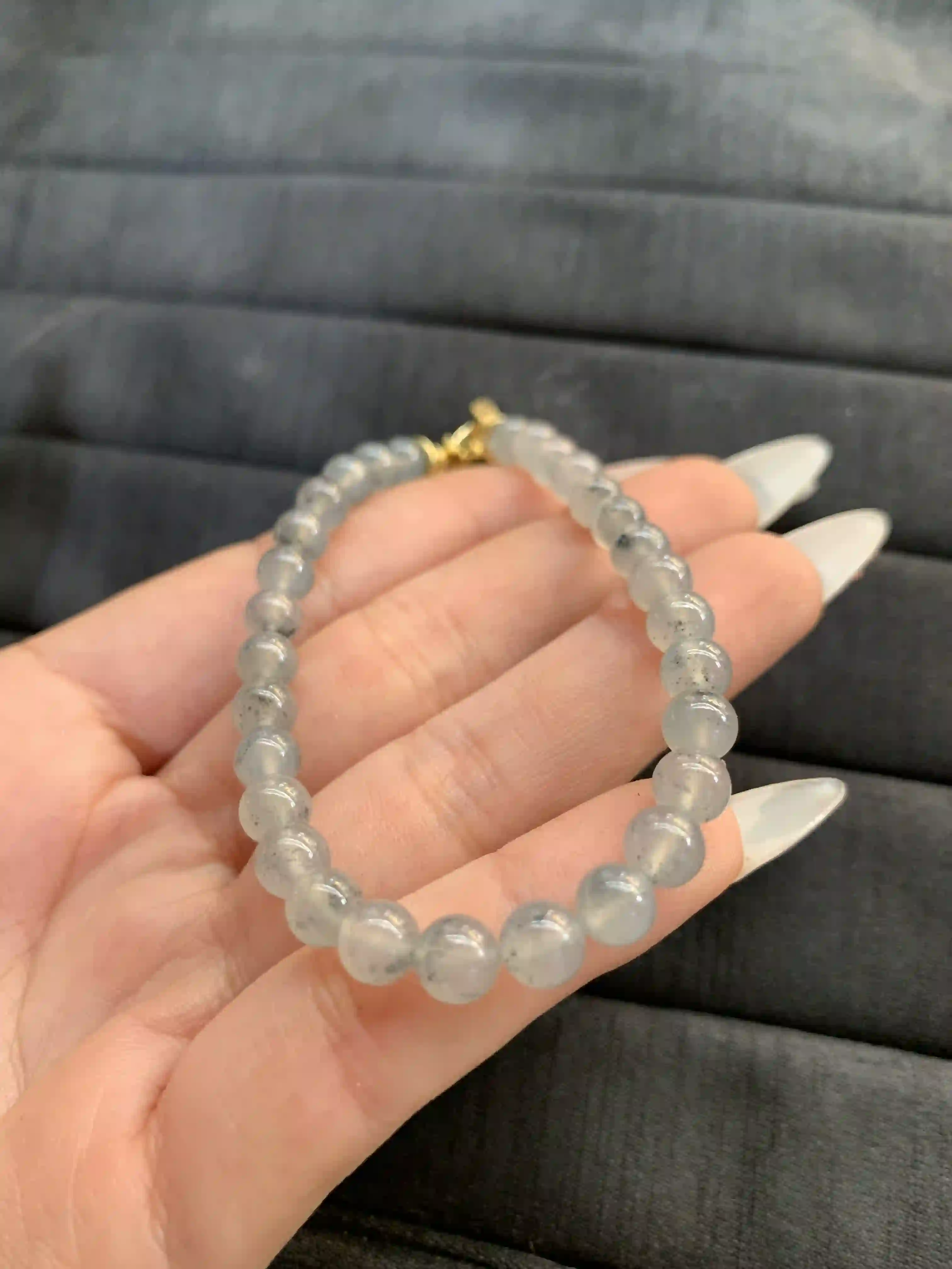  Natural Grey Phantom Quartz Beaded Bracelet with Gold-Tone Clasp, view 2 | Myanmar Jadeite reference #1410003