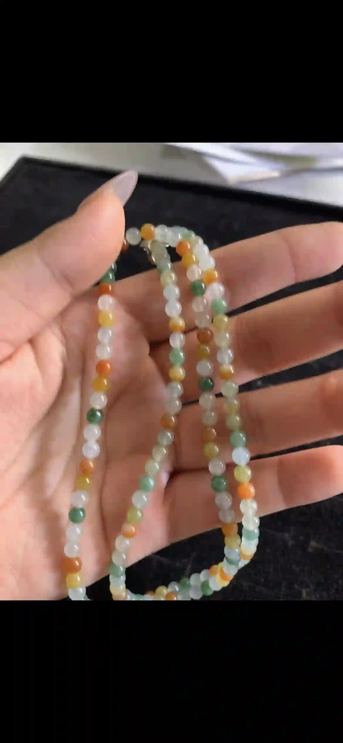 Tri-Color Natural Jade Beaded Necklace — White, Green & Golden Orange Gradient | Myanmar Jadeite reference #27240001