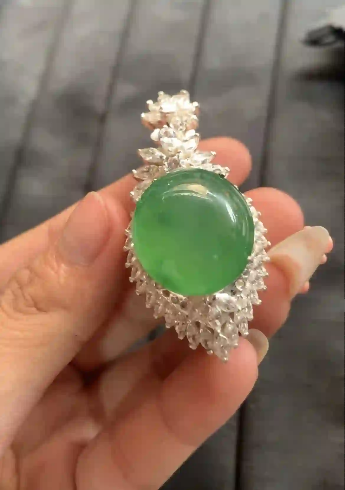 Icy Green Jadeite Pendant with Diamond Halo | Myanmar Jadeite reference #2190007