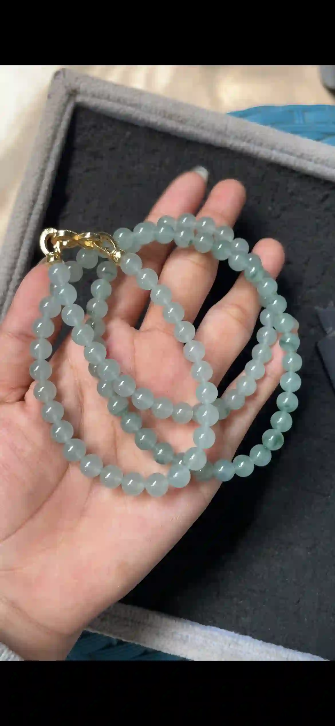   Natural Icy Floating Flower Jadeite Bead Necklace with Gold Clasp | Myanmar Jadeite reference #6660001