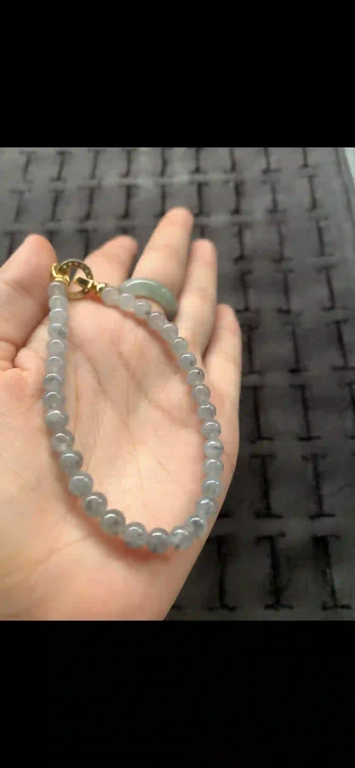 Translucent Grey‑Included Jade Bead Bracelet with Decorative Gold Clasp, view 2 | Myanmar Jadeite reference #25890001