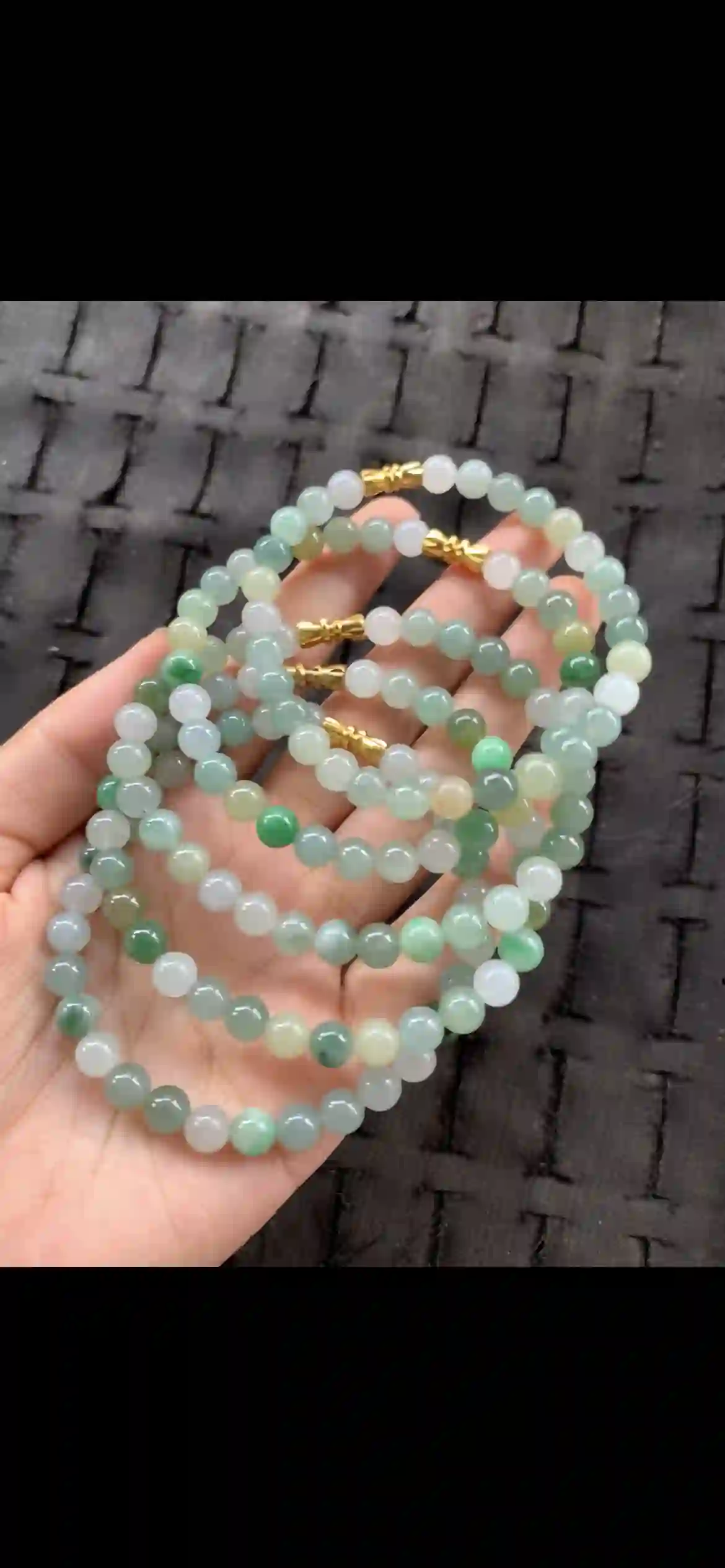 Icy Celadon & Emerald Flecked Jade Bead Multi-Strand Set with Gold Clasps — 5 Strands | Myanmar Jadeite reference #21630001