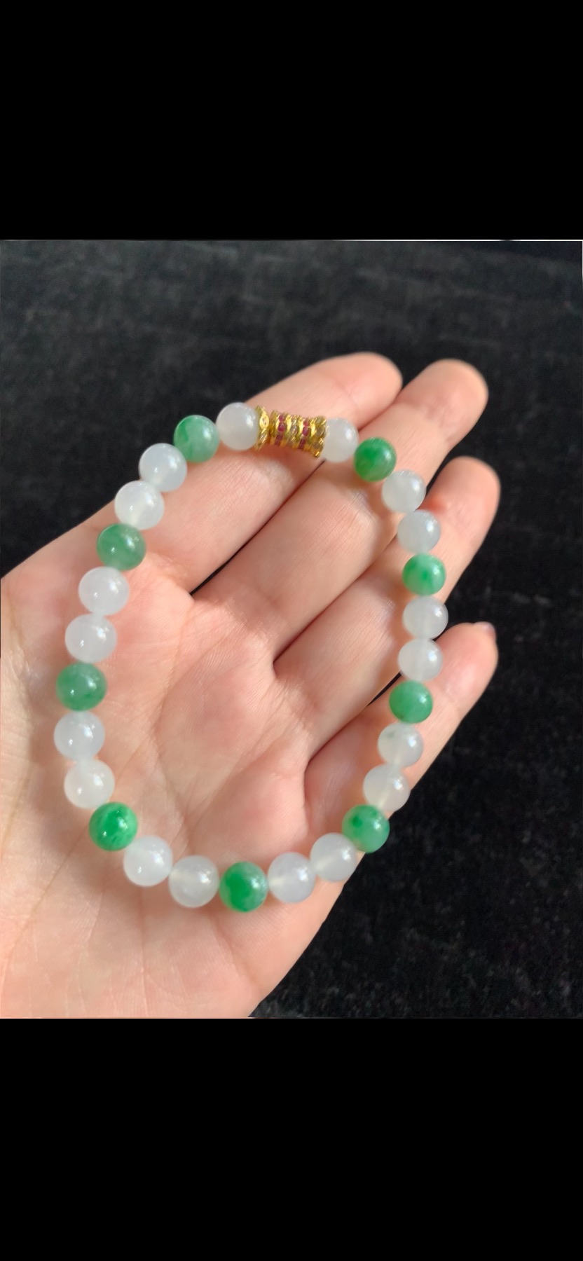 Natural Ice Variety Alternating Green & Icy White Jadeite Small Bead Bracelet with Gold & Ruby-Red Accent | Myanmar Jadeite reference #38850001