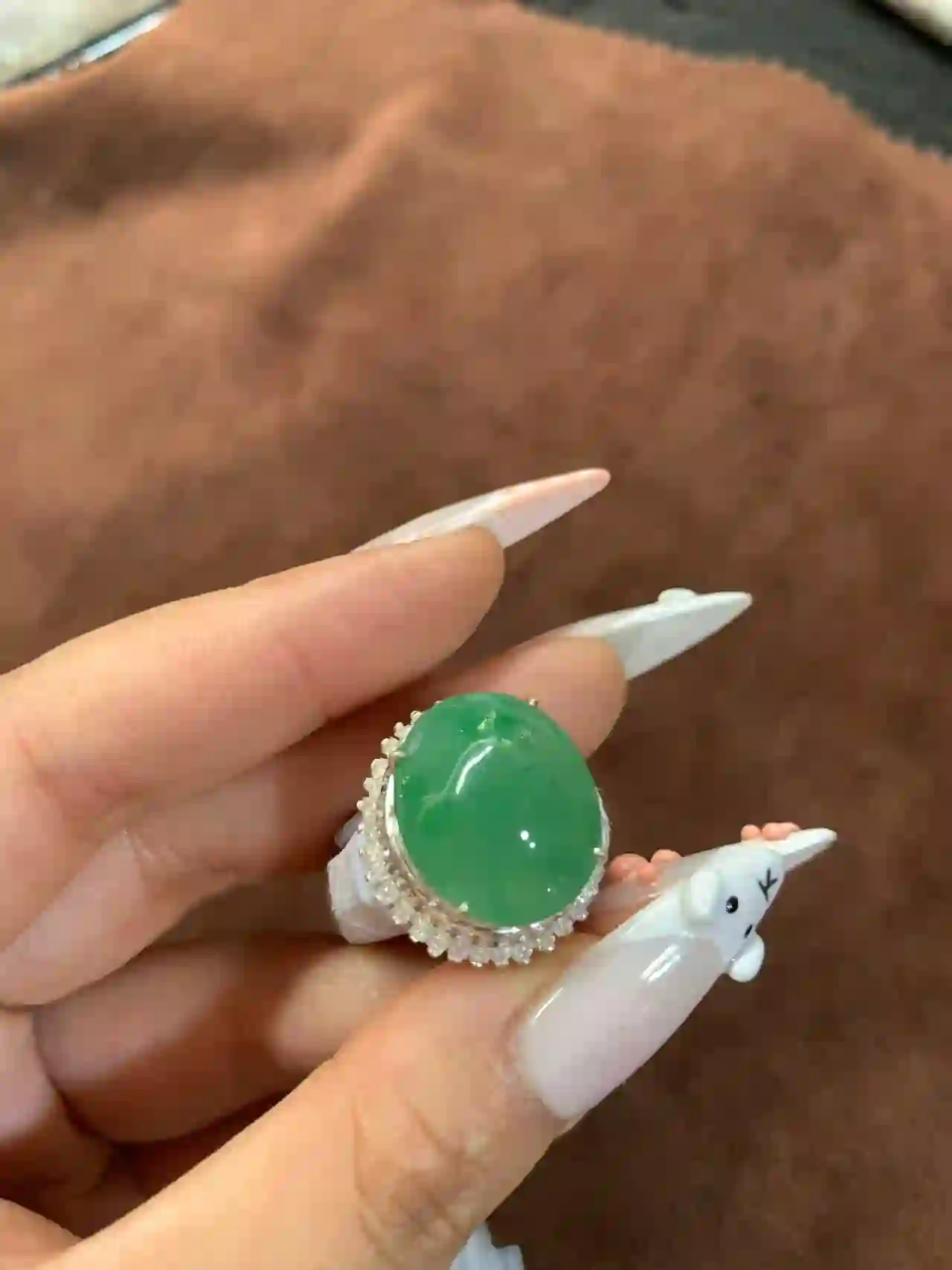  Large Green Gemstone Cocktail Ring with Clear Stone Halo | Myanmar Jadeite reference #750002