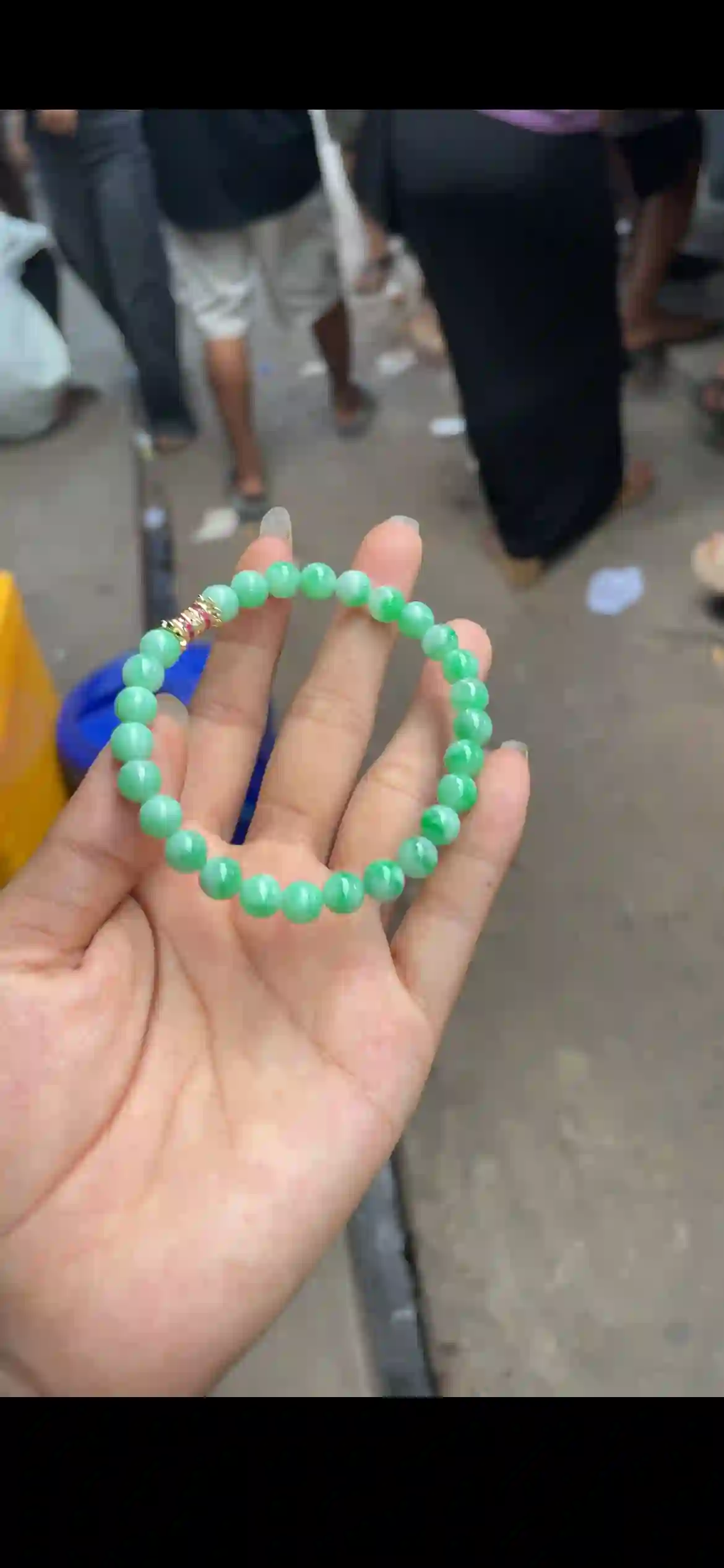 Bright Green Polished Bead Bracelet with Decorative Accent, view 2 | Myanmar Jadeite reference #25410001