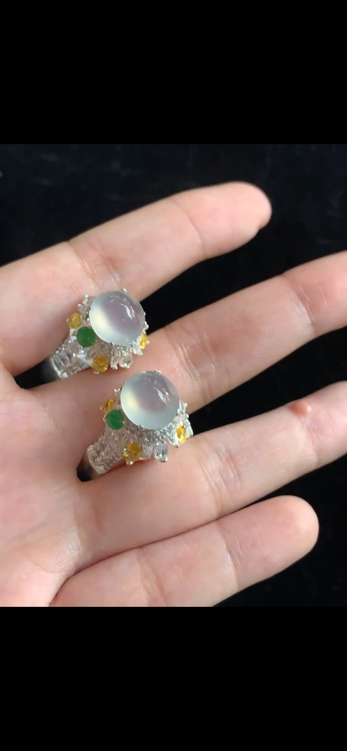 Icy Moonlight Jade Cabochon Stud Earrings with Tri-Color Gemstone Accents