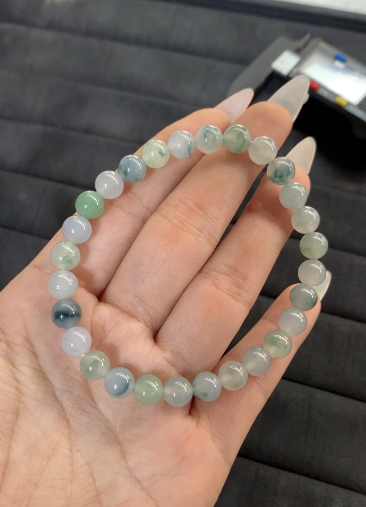 Mixed Hue Jadeite Beaded Bracelet with Natural Inclusions Mixed Hue Jadeite Beaded Bracelet with Natural Inclusions - Burmese Jadeite from Myanmar