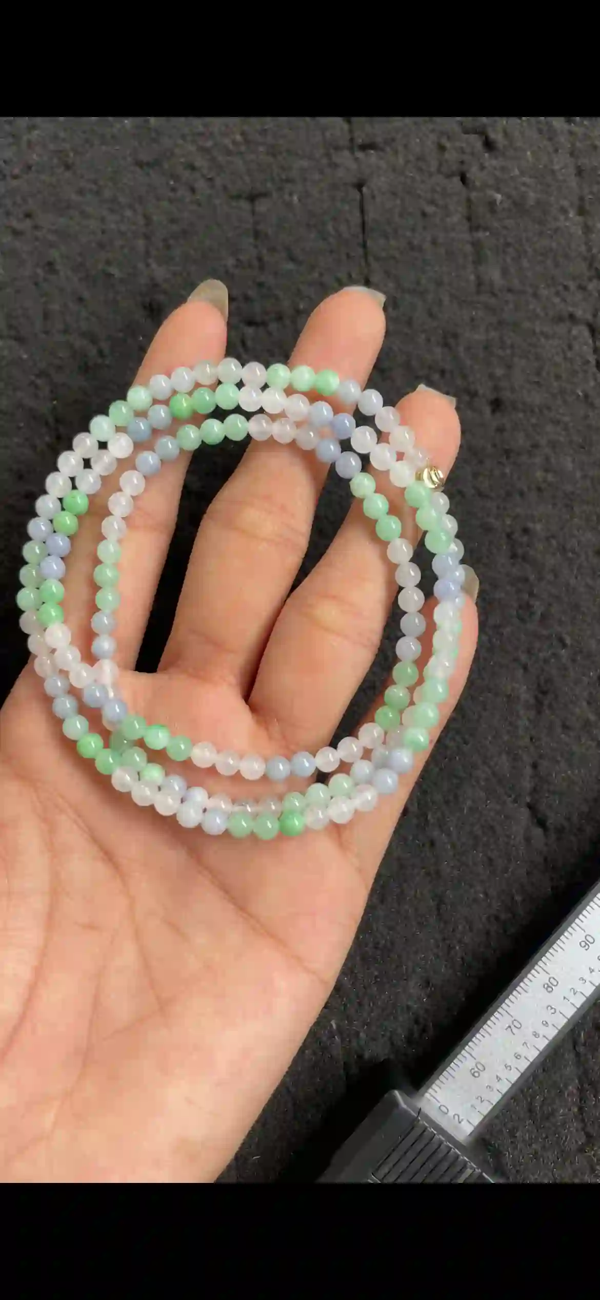 Natural Tri-Color Icy Jadeite Mini Bead Necklace, view 2 | Myanmar Jadeite reference #7320001